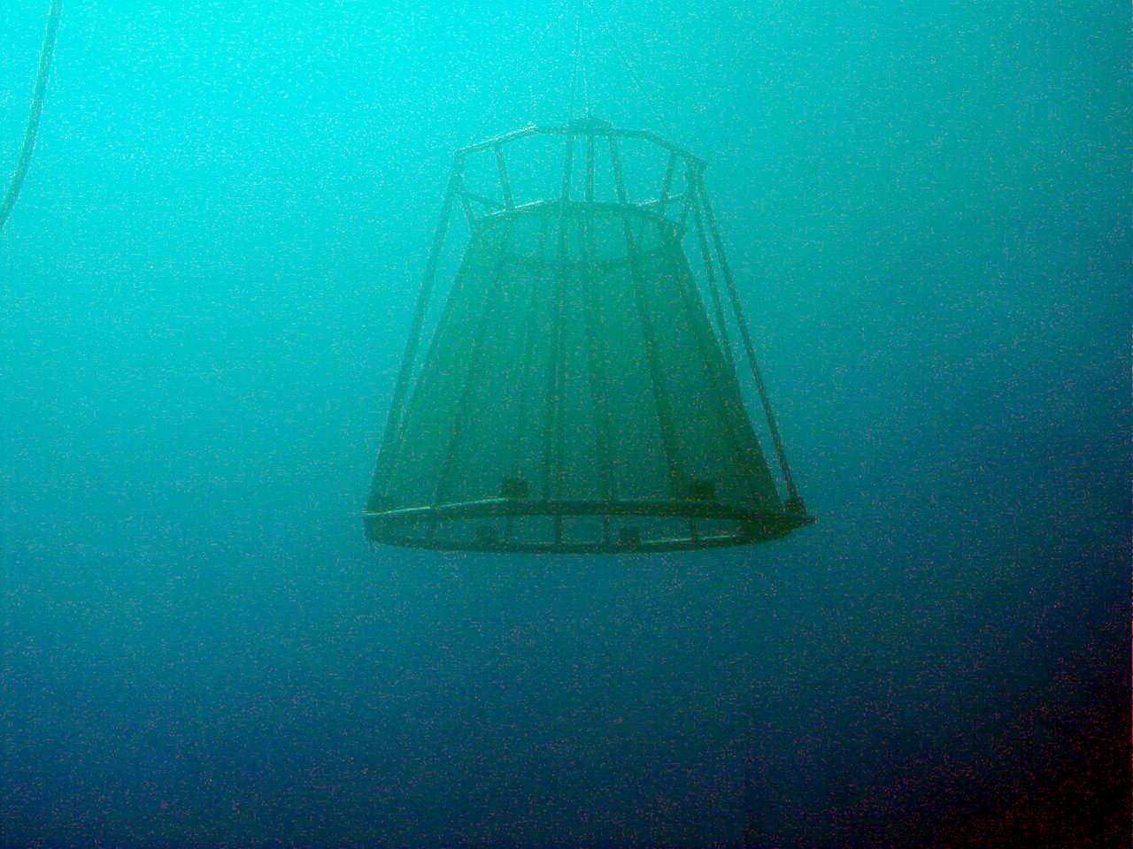 KENNEDY SPACE CENTER, FLA. -- A mockup of a solid rocket booster nozzle is lowered into the waters of the Atlantic during a test of a new booster retrieval method. A one-man submarine known as DeepWorker 2000 is being tested on its ability to duplicate the sometimes hazardous job United Space Alliance (USA) divers perform to recover the expended boosters in the ocean after a launch. The boosters splash down in an impact area about 140 miles east of Jacksonville and after recovery are towed back to KSC for refurbishment by the specially rigged recovery ships. DeepWorker 2000 will be used in a demonstration during retrieval operations after the upcoming STS-101 launch. The submarine pilot will demonstrate capabilities to cut tangled parachute riser lines using a manipulator arm and attach a Diver Operator Plug to extract water and provide flotation for the booster. DeepWorker 2000 was built by Nuytco Research Ltd., North Vancouver, British Columbia. It is 8.25 feet long, 5.75 feet high, and weighs 3,800 pounds. USA is a prime contractor to NASA for the Space Shuttle program
