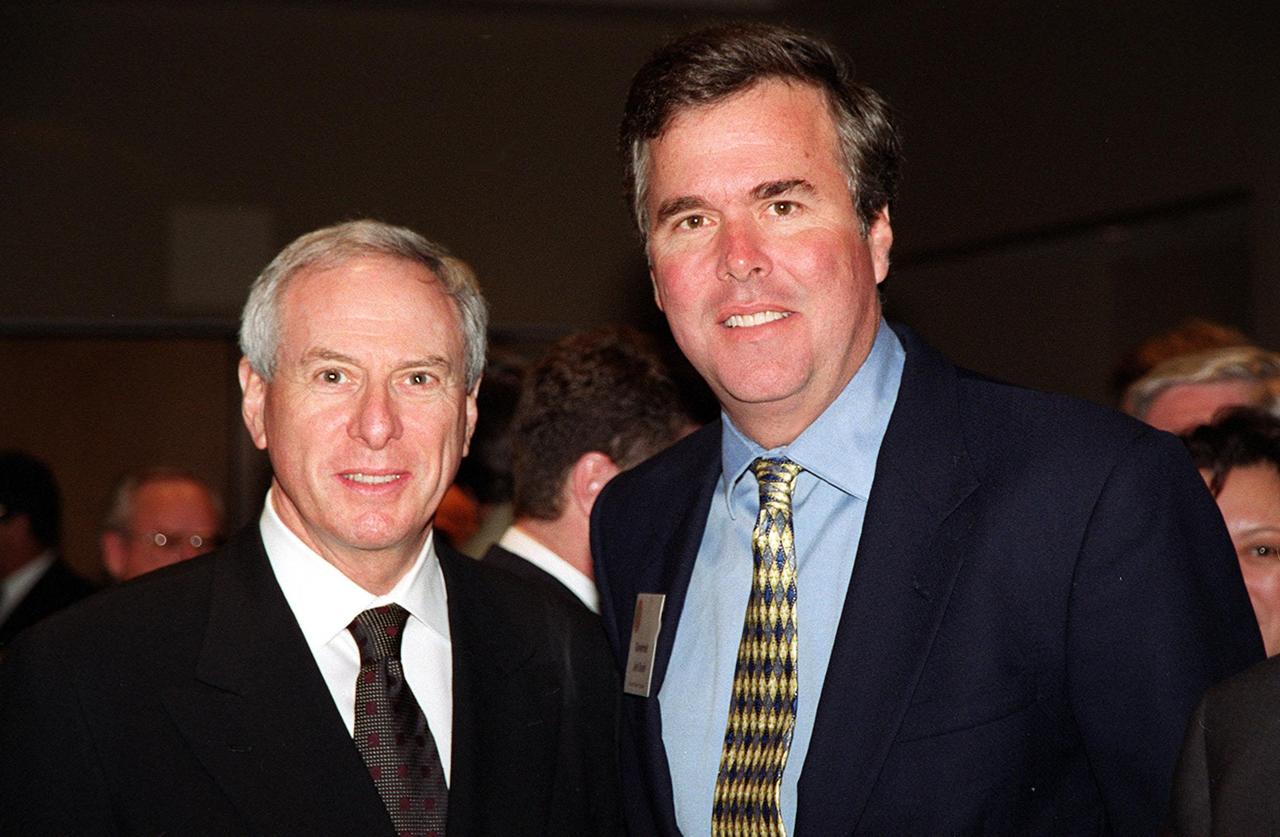During the First Florida Space Summit, held at the Kennedy Space Center Visitor Complex, NASA Administrator Dan Goldin and Florida Gov. Jeb Bush pose for a photo. The event, featuring a discussion on the future of space as it relates to the State of Florida and moderated by Center Director Roy Bridges, included other participants such as Senator Bob Graham, Rep. Dave Weldon, 45th Space Wing Commander Brig. Gen. Donald Pettit and heads of aerospace companies