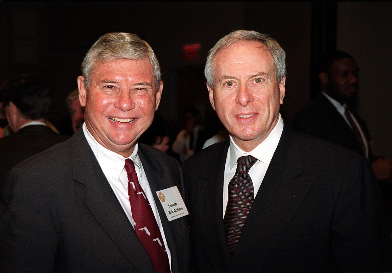 Senator Bob Graham (left) and NASA Administrator Dan Goldin (right) are two of the participants in the First Florida Space Summit, held at the Kennedy Space Center Visitor Complex. The event, featuring a discussion on the future of space as it relates to the State of Florida and moderated by Center Director Roy Bridges, included other participants such as Senator Connie Mack, Rep. Dave Weldon, 45th Space Wing Commander Brig. Gen. Donald Pettit and heads of aerospace companies