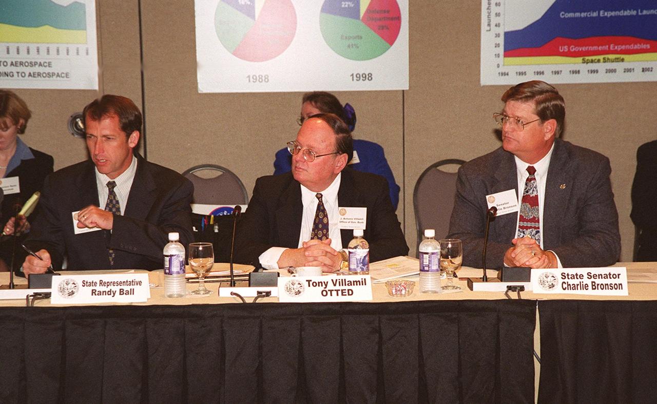 Participants in the First Florida Space Summit take part in a discussion on the future of space as it relates to the State of Florida. Held at the Kennedy Space Center Visitor Complex, the discussion was moderated by Center Director Roy Bridges. Seated (left to right) are State Representative Randy Ball; Tony Villamil, with OTTED; and State Senator Charlie Bronson. The event also included Senator Bob Graham, Senator Connie Mack, State Senator Patsy Kurth, Representative Dave Weldon, 45th Space Wing Commander Brig. Gen. Donald Pettit and heads of aerospace companies