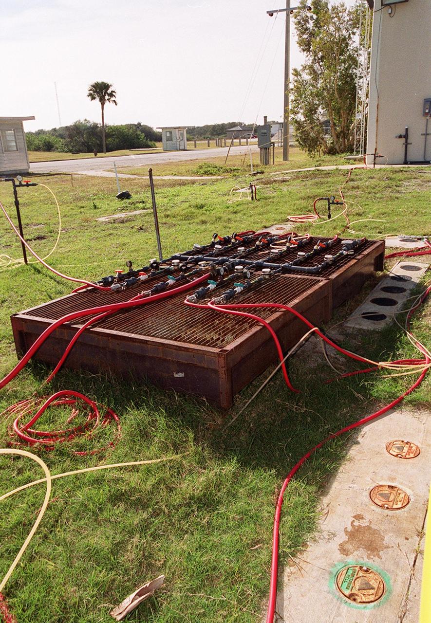 At Launch Complex 34, Cape Canaveral Air Station, several studies are under way for groundwater cleanup of trichloroethylene at the site. Shown here is monitoring equipment for one of the methods, potassium permanganate oxidation. Concentrations of trichloroethylene solvent have been identified in the soil at the complex as a result of cleaning methods for rocket parts during the Apollo Program in the 60s. The environmental research project involves the Department of Defense, Environmental Protection Agency, Department of Energy and NASA, who formed the Interagency NDAPL Consortium (IDC), to study three contamination cleanup technologies: Six Phase Soil Heating, Steam Injection and In Situ Oxidation with Potassium Permanganate. All three methods may offer a way to remove the contaminants in months instead of decades. KSC hosted a two-day conference that presented information and demonstrations of the three technologies for representatives from environmental and federal agencies