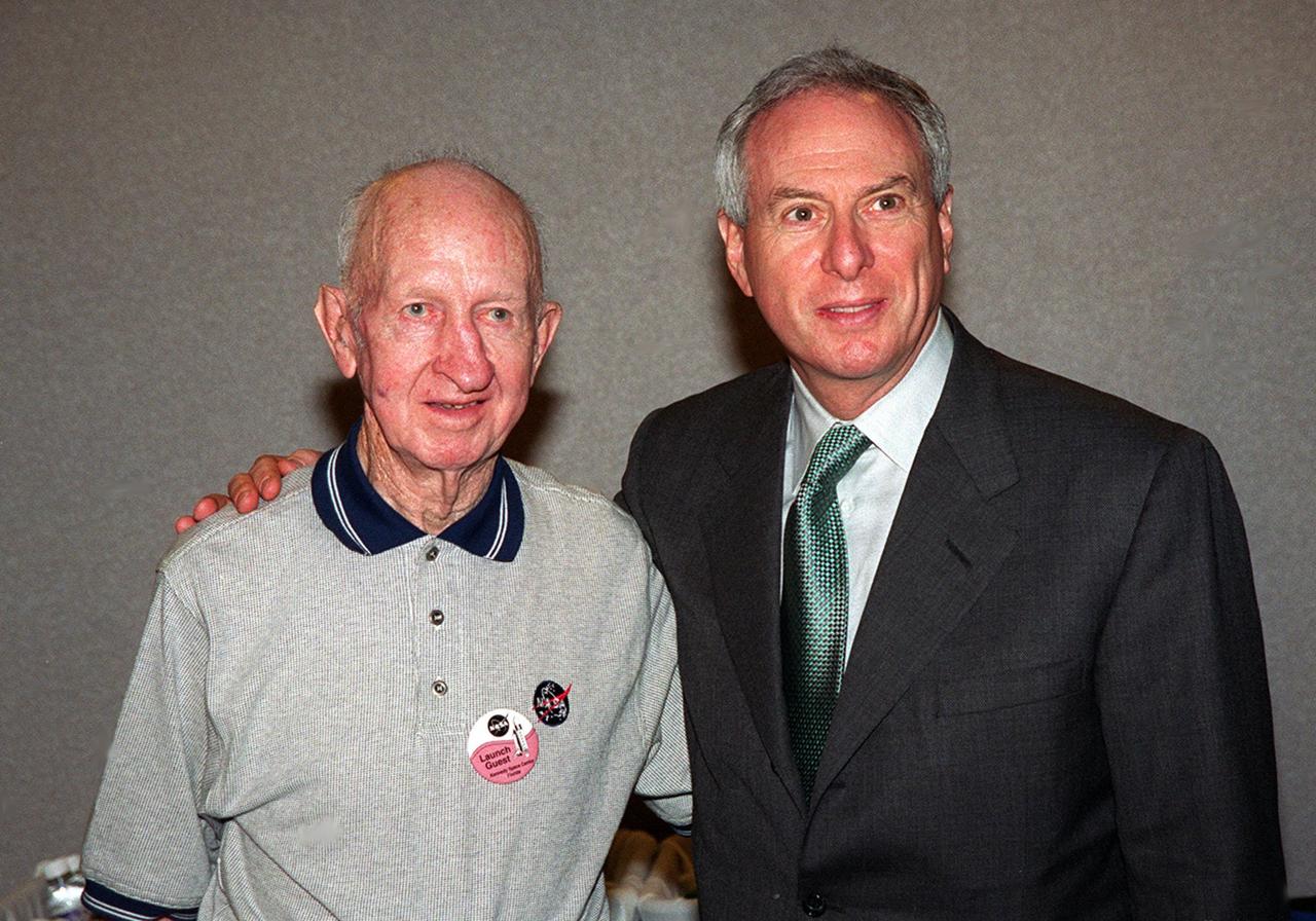 Among the VIPs attending the launch of STS-99 is Captain Ralph Charles (left), standing next to NASA Administrator Dan Goldin. Charles hopes to have his wish fulfilled of watching a Shuttle launch in person. The 100-year-old aviator has experienced nearly a century of flight history, from the Wright Brothers to the Space Program. He took flying lessons from one of the first fliers trained by Orville Wright, first repaired then built airplanes, went barnstorming, operated a charter service in the Caribbean, and worked as a test pilot for the Curtiss Wright Airplane Co. Charles is the oldest licensed pilot in the United States, and is still flying