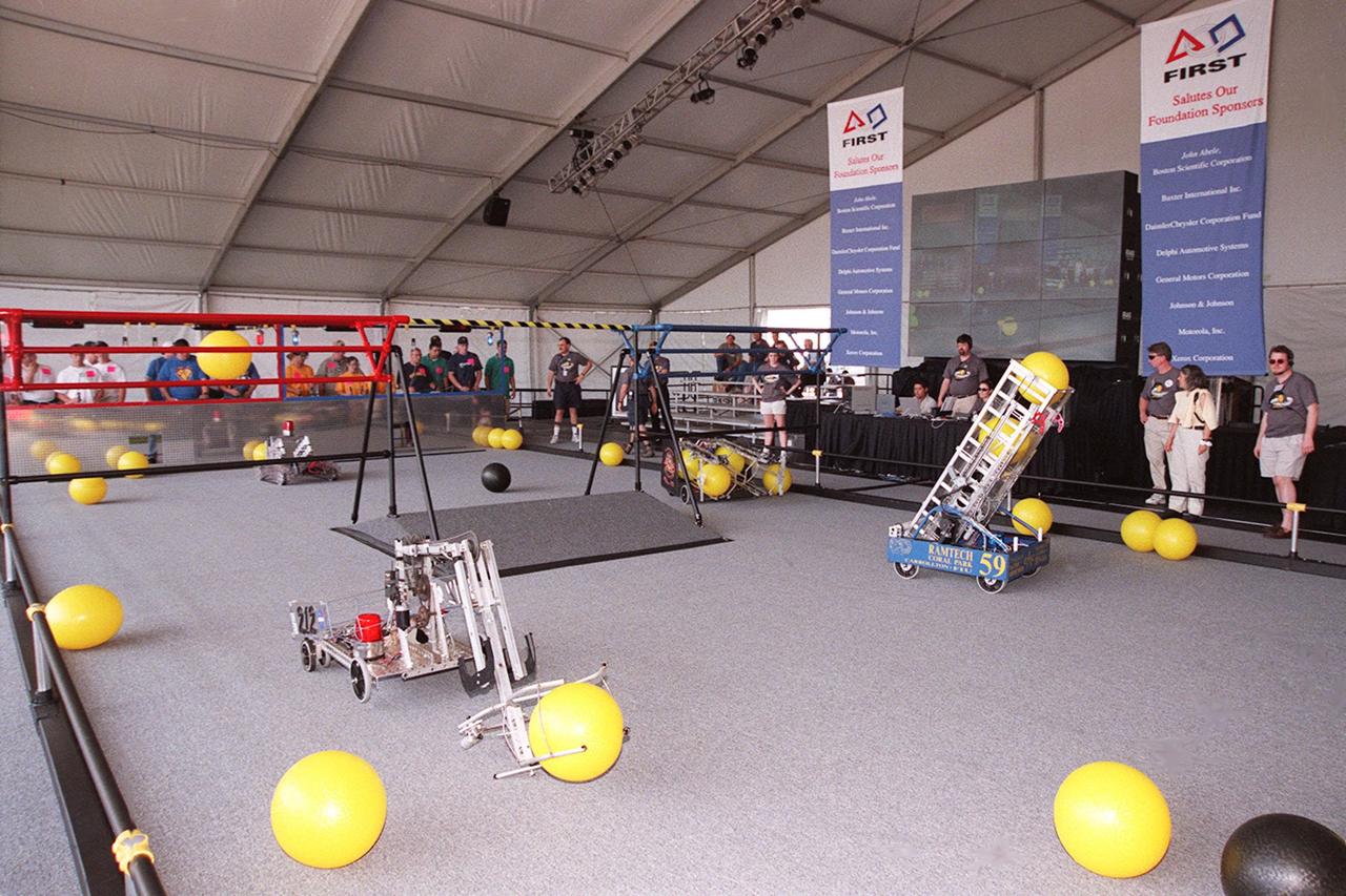 Student teams test their robots in practice sessions before the start of the FIRST (For Inspiration and Recognition of Science and Technology) Southeast Regional competition March 9-11 at the KSC Visitor Complex. Teams of high school students are testing the limits of their imagination using robots they have designed, with the support of business and engineering professionals and corporate sponsors, to compete in a technological battle against other schools' robots. Of the 30 high school teams competing at KSC, 16 are Florida teams co-sponsored by NASA and KSC contractors. Local high schools participating are Astronaut, Bayside, Cocoa Beach, Eau Gallie, Melbourne, Melbourne Central Catholic, Palm Bay, Rockledge, Satellite, and Titusville