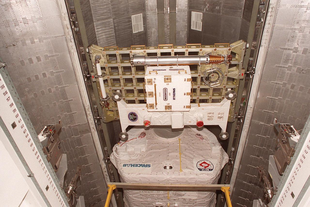 KENNEDY SPACE CENTER, FLA. -- A closeup shows the Integrated Cargo Carrier (top) and SPACEHAB Double Module (below) ready to be moved into the Payload Changeout Room (PCR) at Launch Pad 39A. Part of the Rotating Service Structure, the PCR is an environmentally controlled facility supporting cargo delivery to the pad and vertical installation in the orbiter cargo bay. The primary payloads on mission STS-101, the module and ICC contain internal logistics and resupply cargo for restoring full redundancy to the International Space Station power system in preparation for the arrival of the next pressurized module, the Russian-built Zvezda. The payloads will be transferred to Space Shuttle Atlantis after Atlantis rolls out to the pad. Launch of Atlantis on mission STS-101 is scheduled no earlier than April 17, 2000