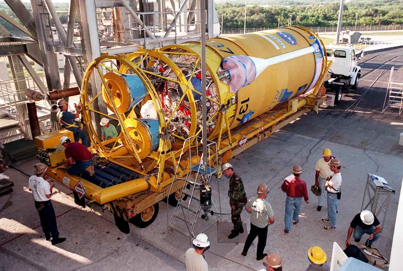 The second stage of an Atlas II/Centaur rocket arrives on pad 36-A, Cape Canaveral Air Force Station, for mating with the first stage. Atlas II is designed to launch payloads into low earth orbit, geosynchronous transfer orbit or geosynchronous orbit. The rocket is the launch vehicle for the GOES-L satellite, part of the NOAA National Weather Service system in weather imagery and atmospheric sounding information. The primary objective of the GOES-L is to provide a full capability satellite in an on-orbit storage condition, to assure NOAA continuity in services from a two-satellite constellation. Launch services are being provided by the 45th Space Wing