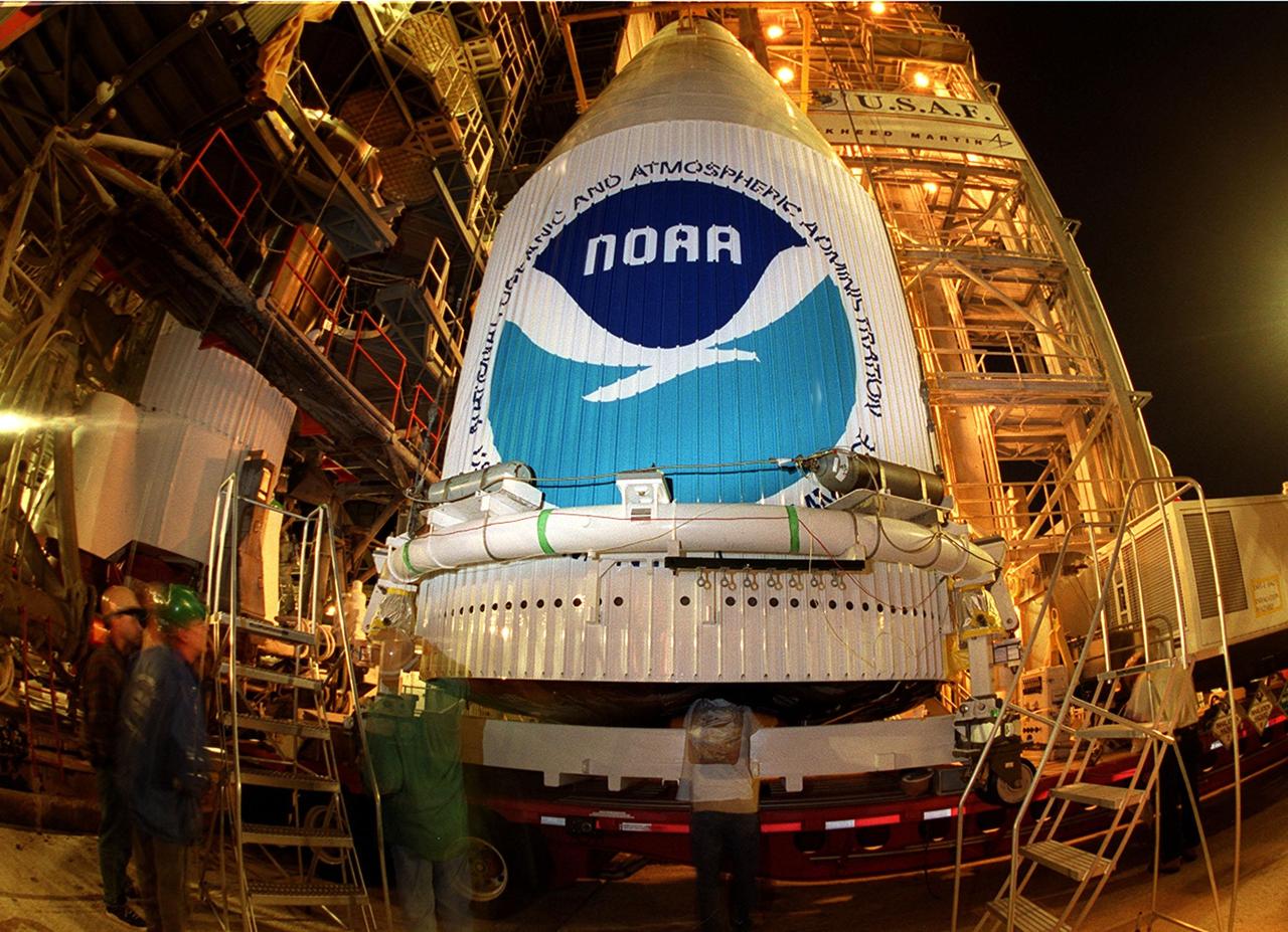 The GOES-L satellite is lifted up the gantry on pad 36A, Cape Canaveral Air Force Station. the Atlas IIA is designed to launch payloads into low earth orbit, geosynchronous transfer orbit or geosynchronous orbit. The rocket is the launch vehicle for the GOES-L satellite, part of the NOAA National Weather Service system in weather imagery and atmospheric sounding information. The primary objective of the GOES-L is to provide a full capability satellite in an on-orbit storage condition, to assure NOAA continuity in services from a two-satellite constellation. Launch services are being provided by the 45th Space Wing. Launch is scheduled for May 3