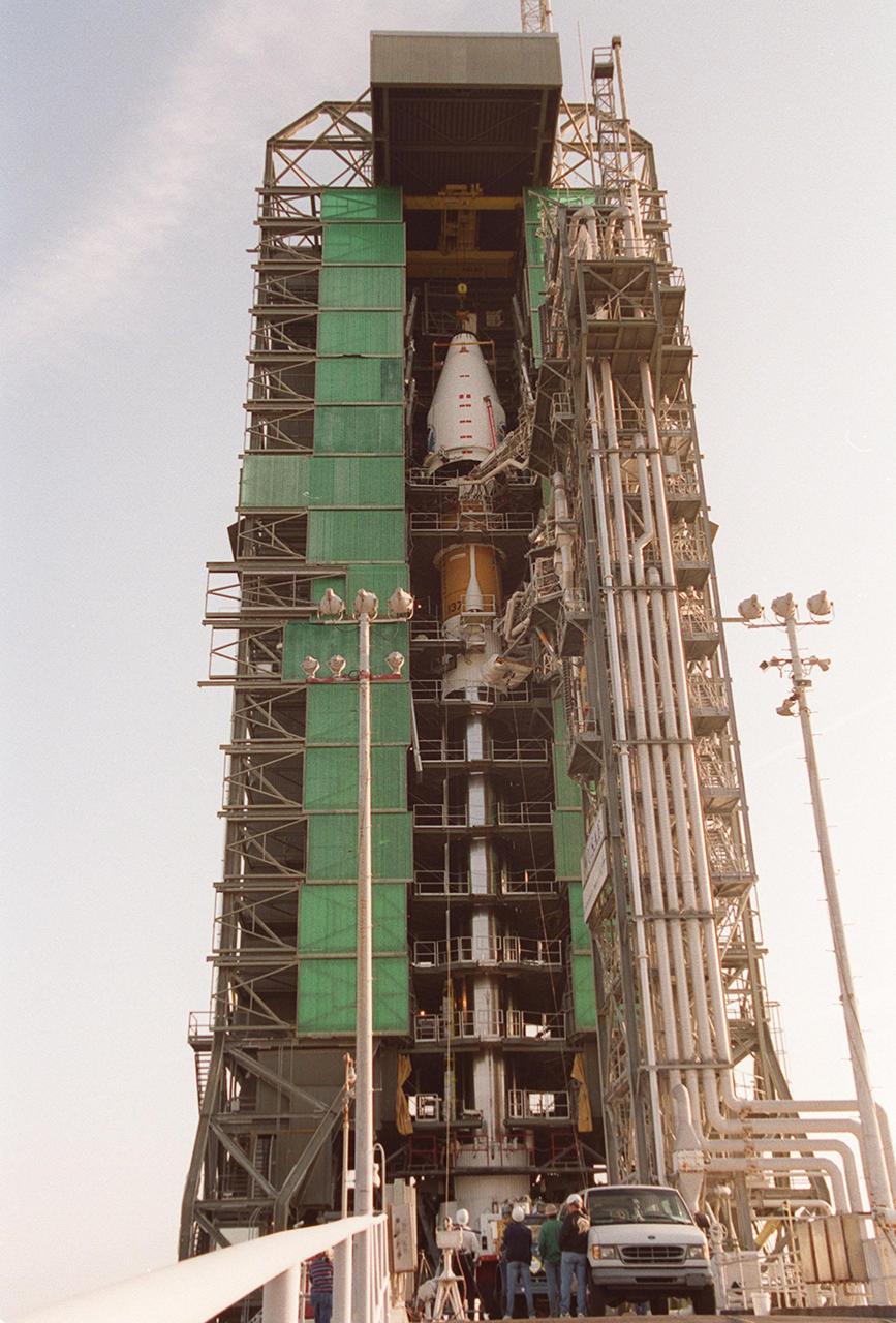 The GOES-L satellite, after being lifted up to the top of the gantry on pad 36A, Cape Canaveral Air Force Station, is ready for mating with the Atlas IIA/Centaur rocket. Atlas IIA is designed to launch payloads into low earth orbit, geosynchronous transfer orbit or geosynchronous orbit. The rocket is the launch vehicle for the GOES-L satellite, part of the NOAA National Weather Service system in weather imagery and atmospheric sounding information. The primary objective of the GOES-L is to provide a full capability satellite in an on-orbit storage condition, to assure NOAA continuity in services from a two-satellite constellation. Launch services are being provided by the 45th Space Wing. Launch is scheduled for May 3