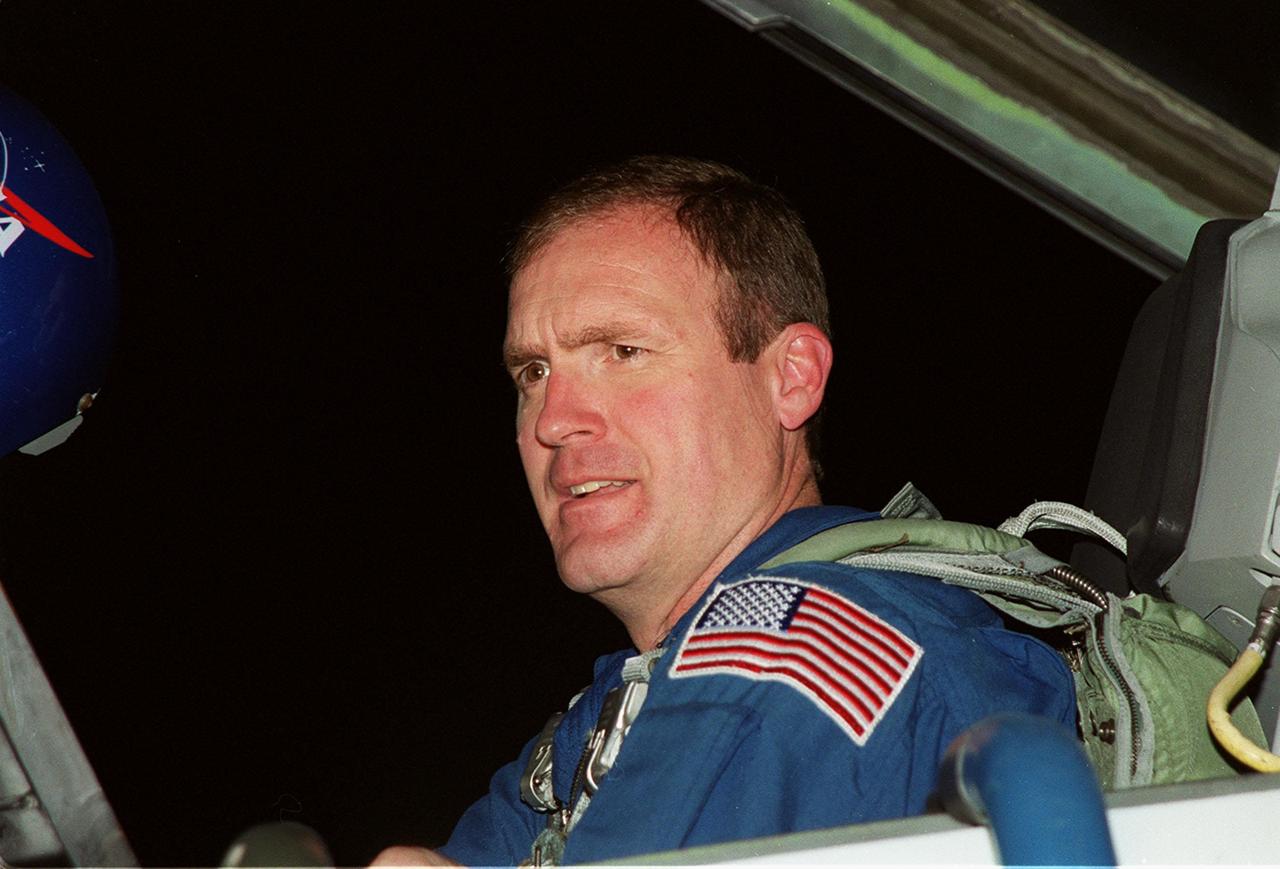 STS-101 Mission Commander James D. Halsell Jr. arrives at KSC's Shuttle Landing Facility aboard a T-38 jet aircraft to prepare for the launch on May 18. The mission will take the crew of seven to the International Space Station, delivering logistics and supplies, plus preparing the Station for the arrival of the Zvezda Service Module, expected to be launched by Russia in July 2000. Also, the crew will conduct one space walk to perform maintenance on the Space Station. This will be the third assembly flight for the Space Station. STS-101 is targeted for liftoff at 6:38 a.m. EDT from Launch Pad 39A