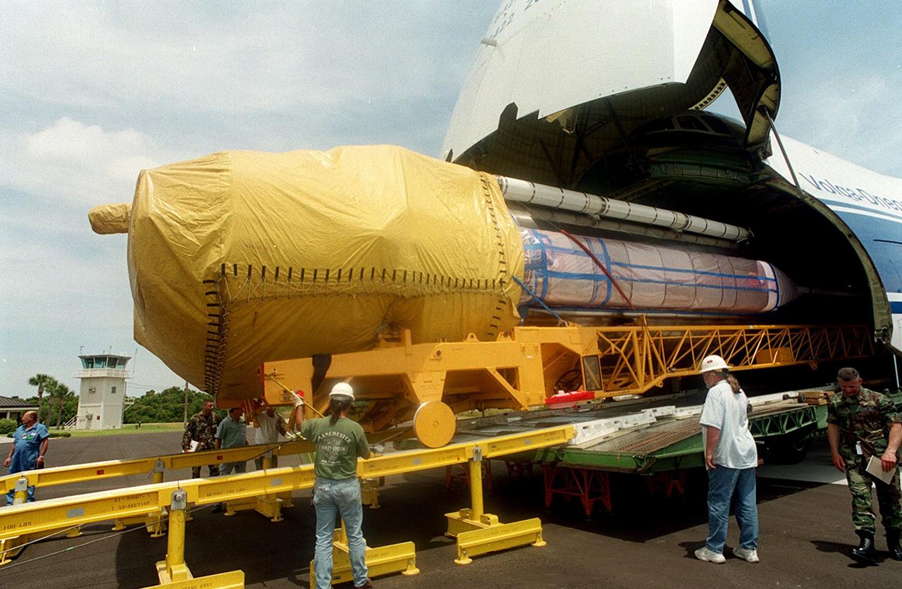 After offloading of the Centaur upper stage from a Russian cargo plane, the Antenov 124, workers check the offloading of an Atlas IIA rocket. The combined Atlas IIA/Centaur will be used to launch the latest Tracking and Data Relay Satellite (TDRS) June 29 from Cape Canaveral Air Force Station. Atlas IIA is capable of lifting payload systems weights in the 2,850 kg (6,300 lb) to 3,070 kg (6,760 lb) class to geosynchronous transfer orbit