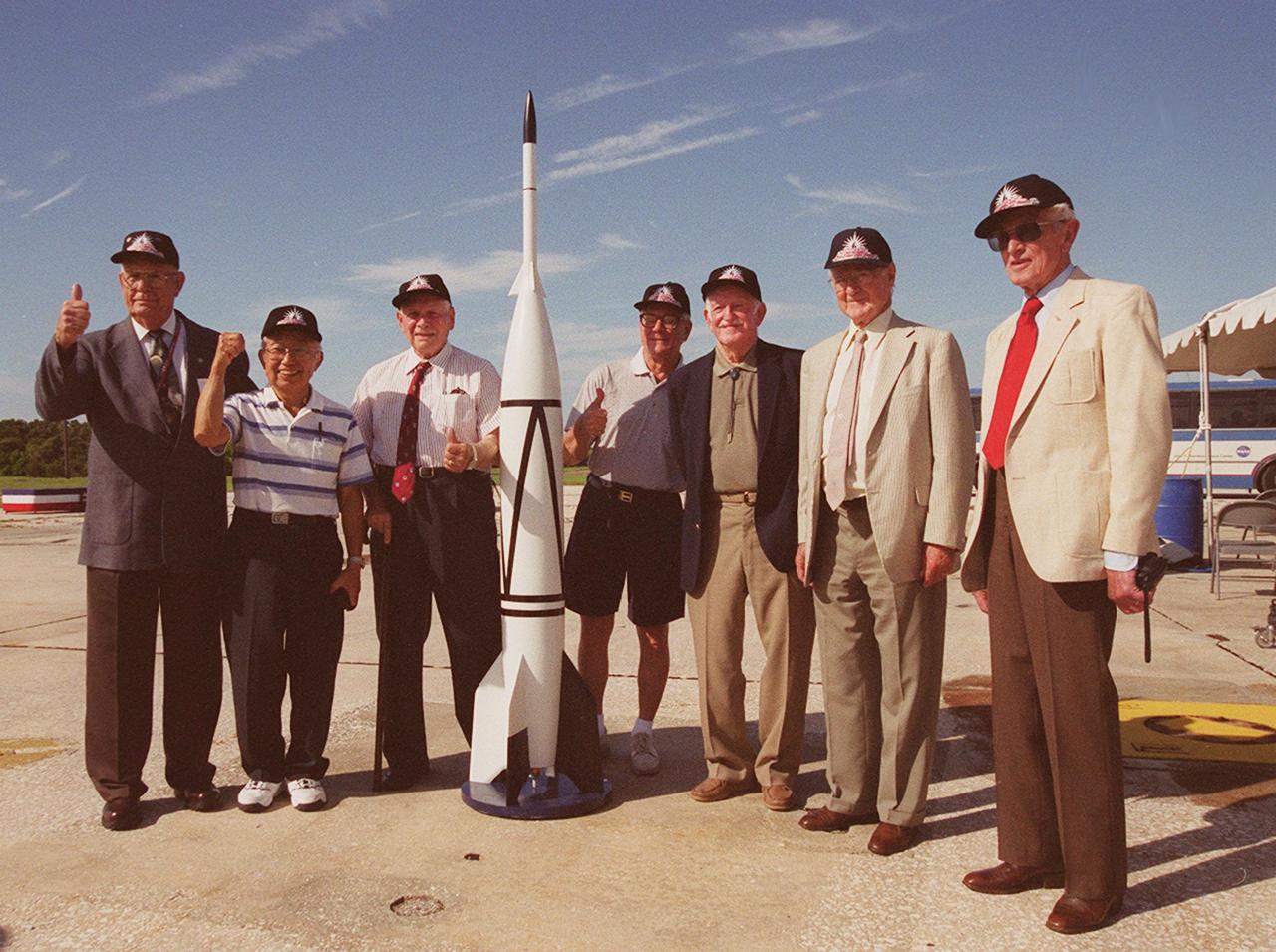 A 50th Anniversary Ceremony was held today in honor of the first rocket launch, called Bumper 8, from Pad 3 at Cape Canaveral on July 24, 1950. Members of the original Bumper 8 team reconvene at the ceremony with a Bumper 8 model rocket. The model was later launched as part of the festivities. Other activities included presentation of a Bumper Award to the Honorable George Kirkpatrick, State Senator, District 5; remarks by Center Director Roy Bridges and Commander, 45th Space Wing, Brig. Gen. Donald Pettit; and a reception at Hangar C. Bumper consisted of a German V-2 missile acting as the booster and a U.S. Army WAC Corporal rocket as the second stage. Since 1950 there have been a total of 3,245 launches from Cape Canaveral