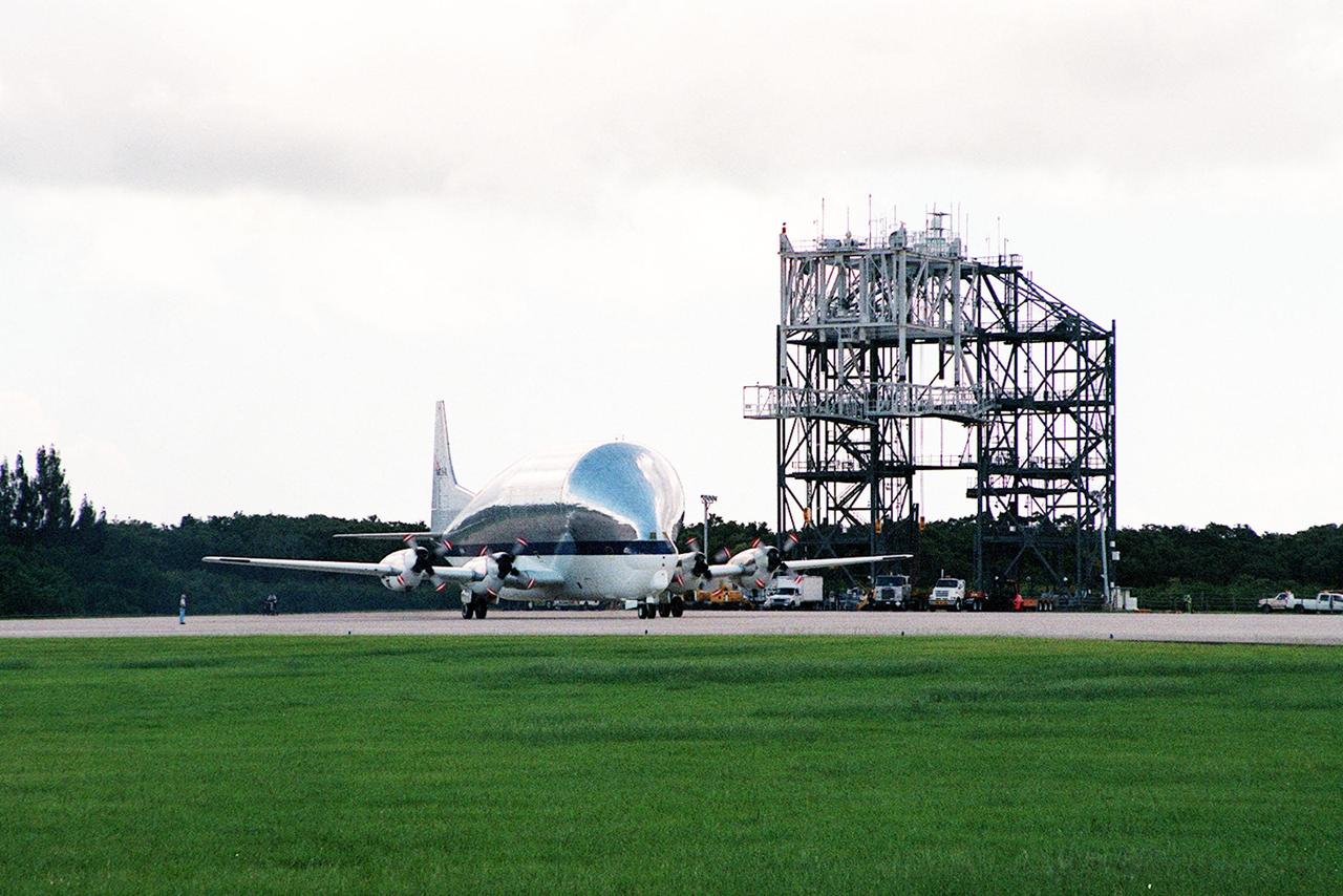 On July 26, 2000 the P-1 truss arrived at Kennedy Space Center’s Shuttle Landing Facility aboard its "Super Guppy" transport. The P-1 truss, scheduled to fly in spring of 2002, is part of a total 10-truss, girder-like structure that will ultimately extend the length of a football field. Astronauts will attach the 14-by-15 foot structure to the port side of the center truss, SO, during the spring assembly flight. The 33,000-pound P-1 will house the thermal radiator rotating joint (TRRJ) that will rotate the International Space Station’s radiators away from the sun to increase their maximum cooling efficiency