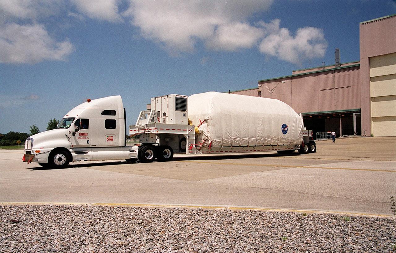 KENNEDY SPACE CENTER, FLA. -- The P4 truss arrives via truck from Tulsa, Okla. Part of the 10-truss, girder-like structure that will ultimately extend the length of a football field, the P4 is the second port truss segment that will attach to the first port truss segment (P1 truss). The P4 is scheduled for mission 12A in September 2002.