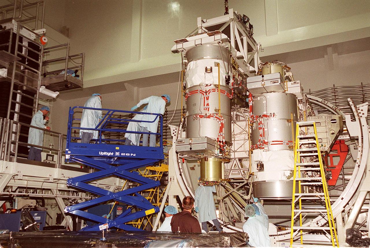 Workers in the Space Station Processing Facility give close attention to the placement of a solar array on the Integrated Equipment Assembly. Solar Array Wing-3 is already in place. Components of the International Space Station, the arrays are scheduled to be launched on mission STS-97 in late November along with the P6 truss. The Station’s electrical power system (EPS) will use eight photovoltaic solar arrays to convert sunlight to electricity. Each of the eight solar arrays will be 112 feet long by 39 feet wide. The solar arrays are mounted on a “blanket” that can be folded like an accordion for delivery. Once in orbit, astronauts will deploy the blankets to their full size. Gimbals will be used to rotate the arrays so that they will face the Sun to provide maximum power to the Space Station