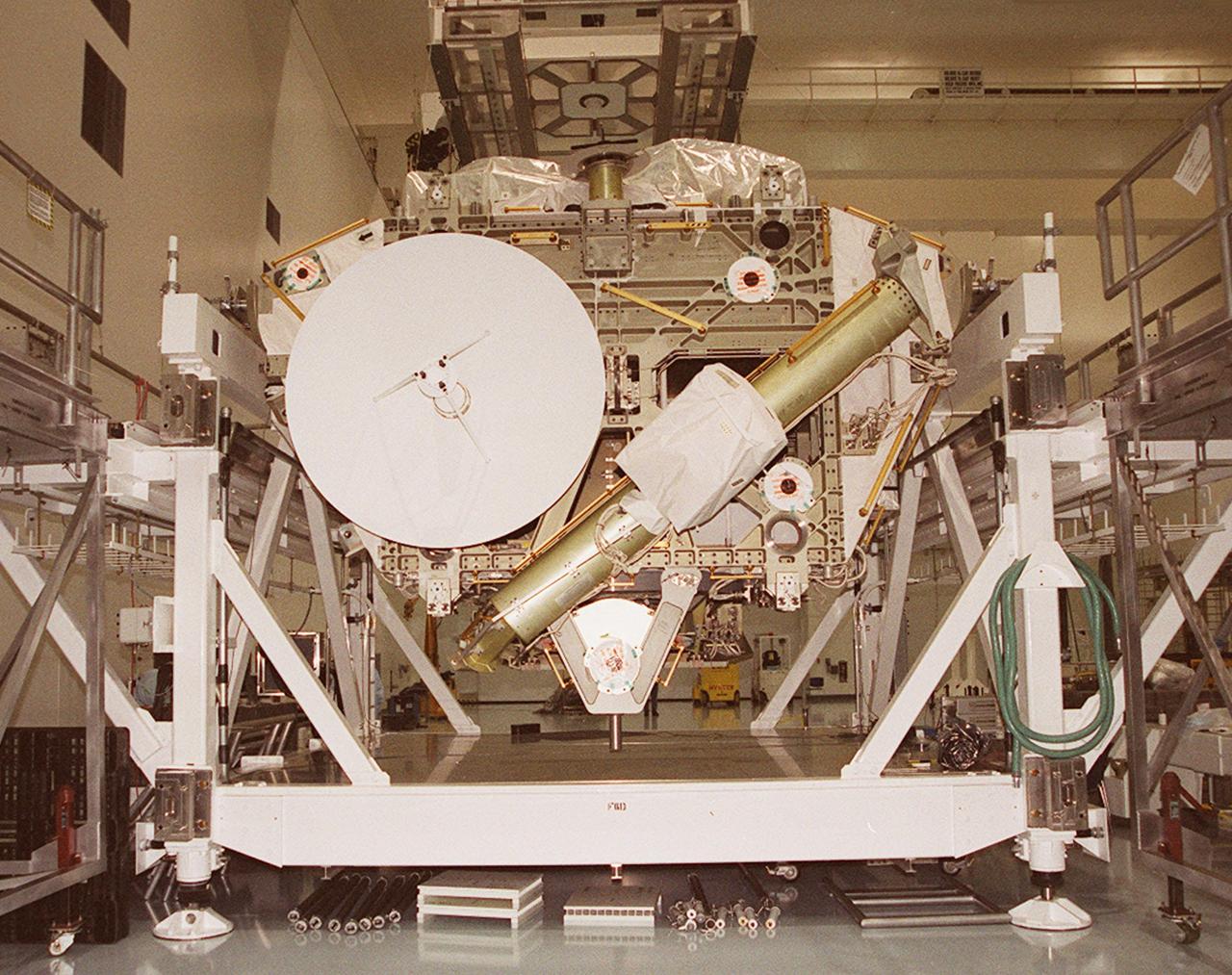 In the Space Station Processing Facility, the Integrated Truss Structure Z1 rests in the workstand to check its weight and balance. The Z1 truss is the first of 10 trusses that will become the backbone of the International Space Station, eventually stretching the length of a football field. Along with its companion payload, the third Pressurized Mating Adapter, the Z1 is scheduled to be launched aboard Space Shuttle Discovery Oct. 5 at 9:38 p.m. EDT. The launch will be the 100th in the Shuttle program