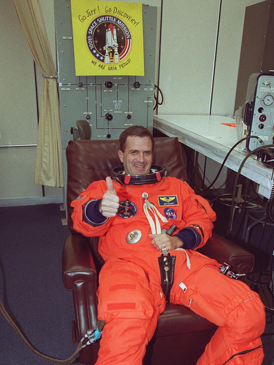 STS-92 Mission Specialist Peter J.K. “Jeff” Wisoff looks relaxed as he signals a thumbs up for launch, scheduled for 8:05 p.m. EDT. The mission is the fifth flight for the construction of the ISS. The payload includes the Integrated Truss Structure Z-1 and the third Pressurized Mating Adapter. During the 11-day mission, four extravehicular activities (EVAs), or spacewalks, are planned. The Z-1 truss is the first of 10 that will become the backbone of the International Space Station, eventually stretching the length of a football field. PMA-3 will provide a Shuttle docking port for solar array installation on the sixth ISS flight and Lab installation on the seventh ISS flight. This launch is the fourth for Wisoff. Landing is expected Oct. 21 at 3:55 p.m. EDT
