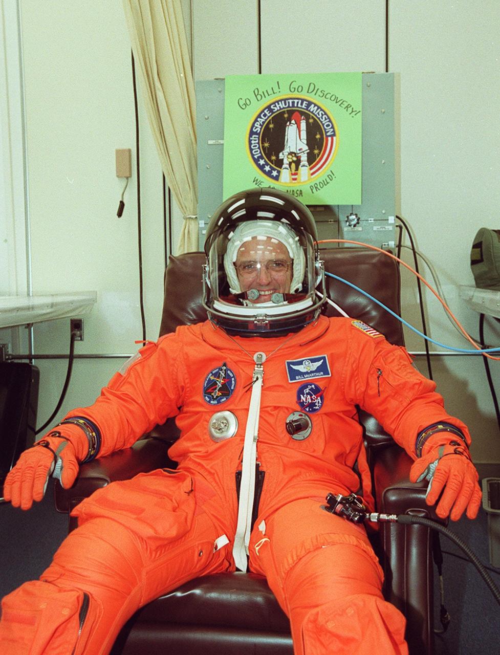 STS-92 Mission Specialist William S. McArthur Jr. is fully suited up before the second launch attempt. He and the rest of the crew will be leaving soon for the ride to Launch Pad 39A on the Astrovan. During the 11-day mission to the International Space Station, four extravehicular activities (EVAs), or spacewalks, are planned for construction. The payload includes the Integrated Truss Structure Z-1 and the third Pressurized Mating Adapter. The Z-1 truss is the first of 10 that will become the backbone of the Space Station, eventually stretching the length of a football field. PMA-3 will provide a Shuttle docking port for solar array installation on the sixth Station flight and Lab installation on the seventh Station flight.; Launch is scheduled for 7:17 p.m. EDT. Landing is expected Oct. 22 at 2:10 p.m. EDT