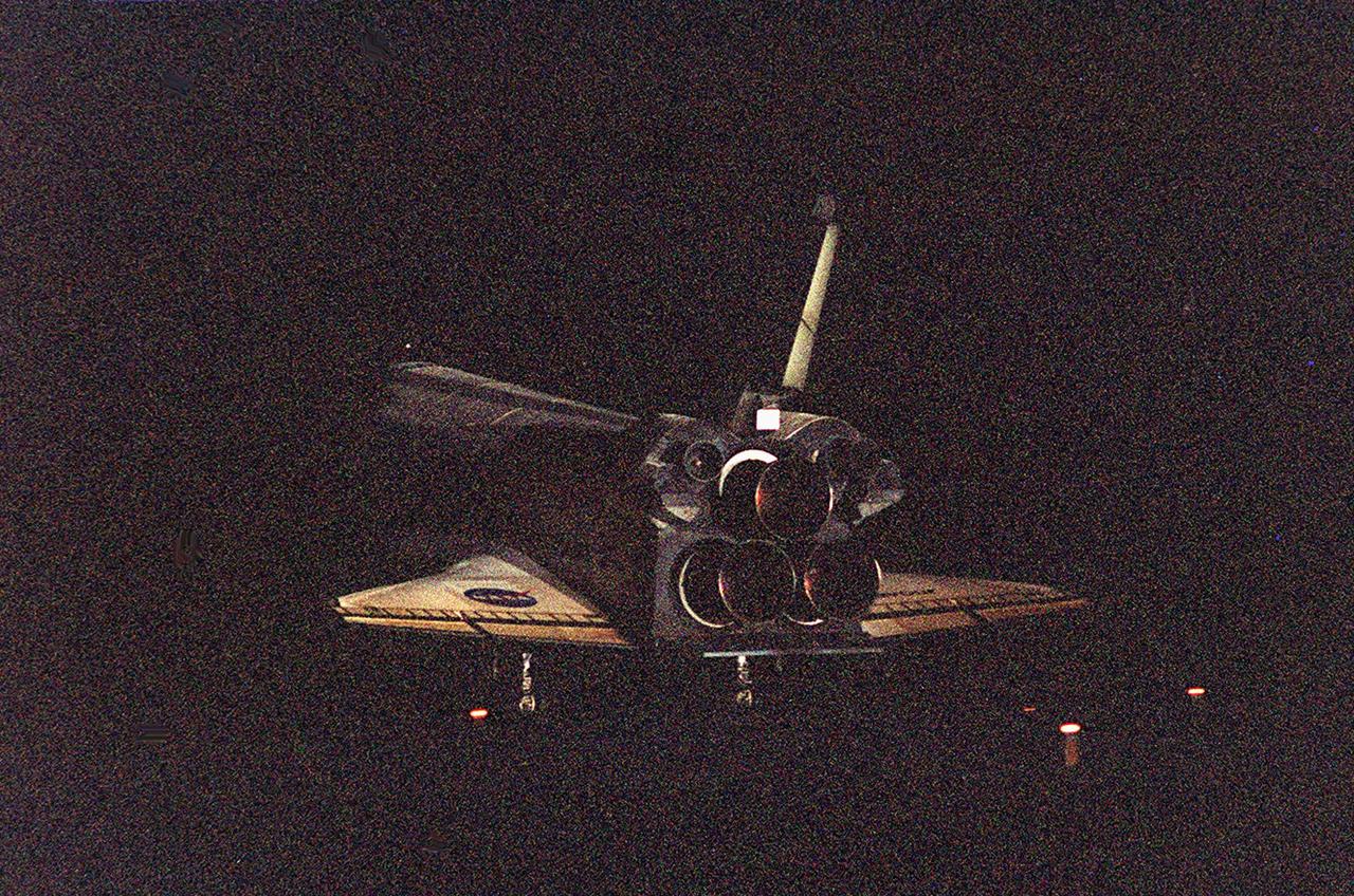 KENNEDY SPACE CENTER, Fla. -- Endeavour lands on orbit 171on Runway 15 at the Shuttle Landing Facility to complete the successful 10-day, 19-hour and 58-minute-long STS-97 mission. Main gear touchdown was at 6:03:25 p.m. EST; nose gear touchdown at 6:03:34 p.m. EST; and wheel stop at 6:04:20 p.m. EST. At the controls is Commander Brent Jett. Other crew members on board are Pilot Michael Bloomfield and Mission Specialists Joseph Tanner, Carlos Noriega and Marc Garneau of Canada. On the 4.4-million-mile mission, Endeavour carried the P6 Integrated Truss Structure with solar arrays to power the International Space Station. The arrays and other equipment were installed during three EVAs that totaled 19 hours, 20 minutes. Endeavour was docked with the Space Station for 6 days, 23 hours, 13 minutes. This is the 16th nighttime landing for a Space Shuttle and the 53rd at Kennedy Space Center