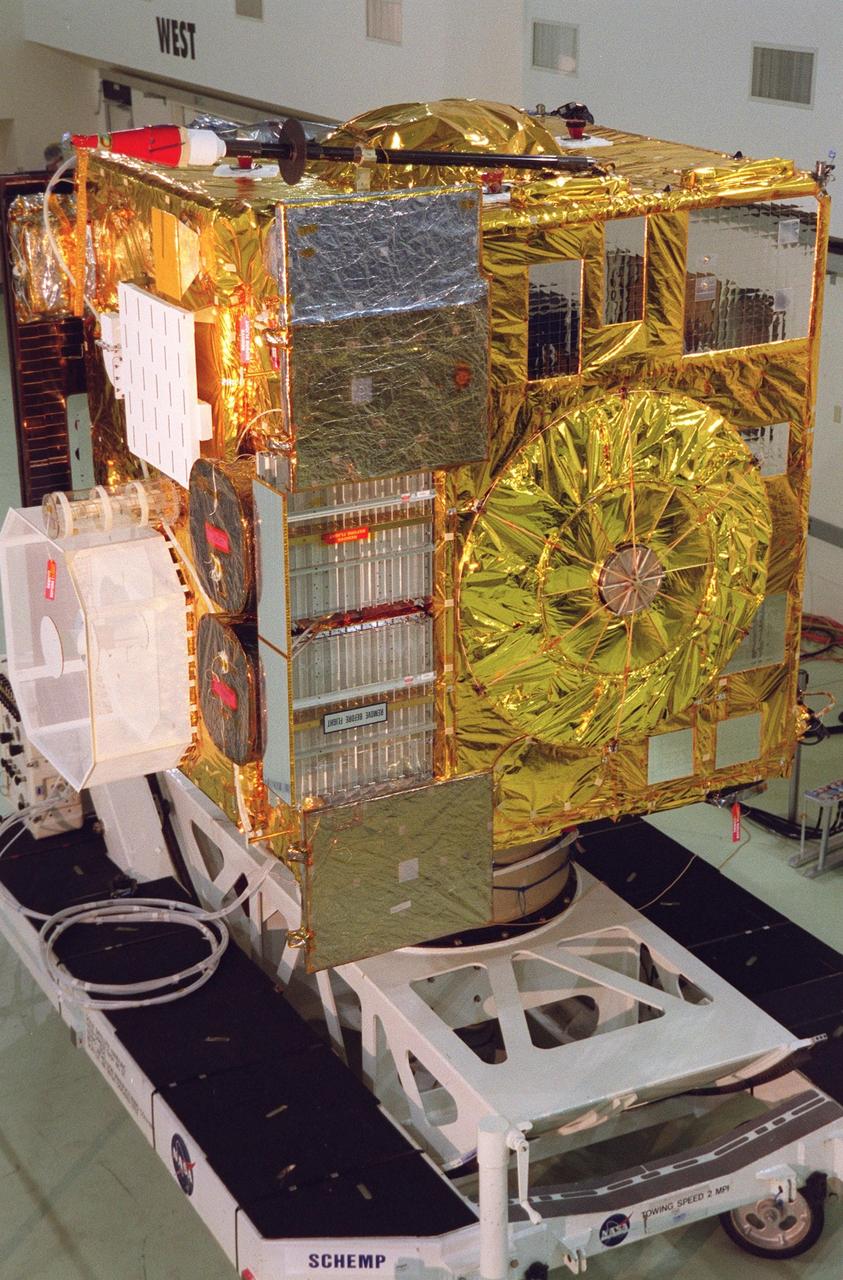 The newest Geostationary Operational Environmental Satellite-M (GOES-M) satellite is ready at Astrotech, in Titusville for the media to see the last in the current series of advanced geostationary weather satellites in service. GOES-M has a new instrument not on earlier spacecraft, a Solar X-ray Imager that can be used in forecasting space weather, the effects of solar storms that create electromagnetic disturbances on earth that affect other satellites, communications and power grids. GOES is scheduled to launch from Cape Canaveral Air Force Station on an Atlas II rocket in July