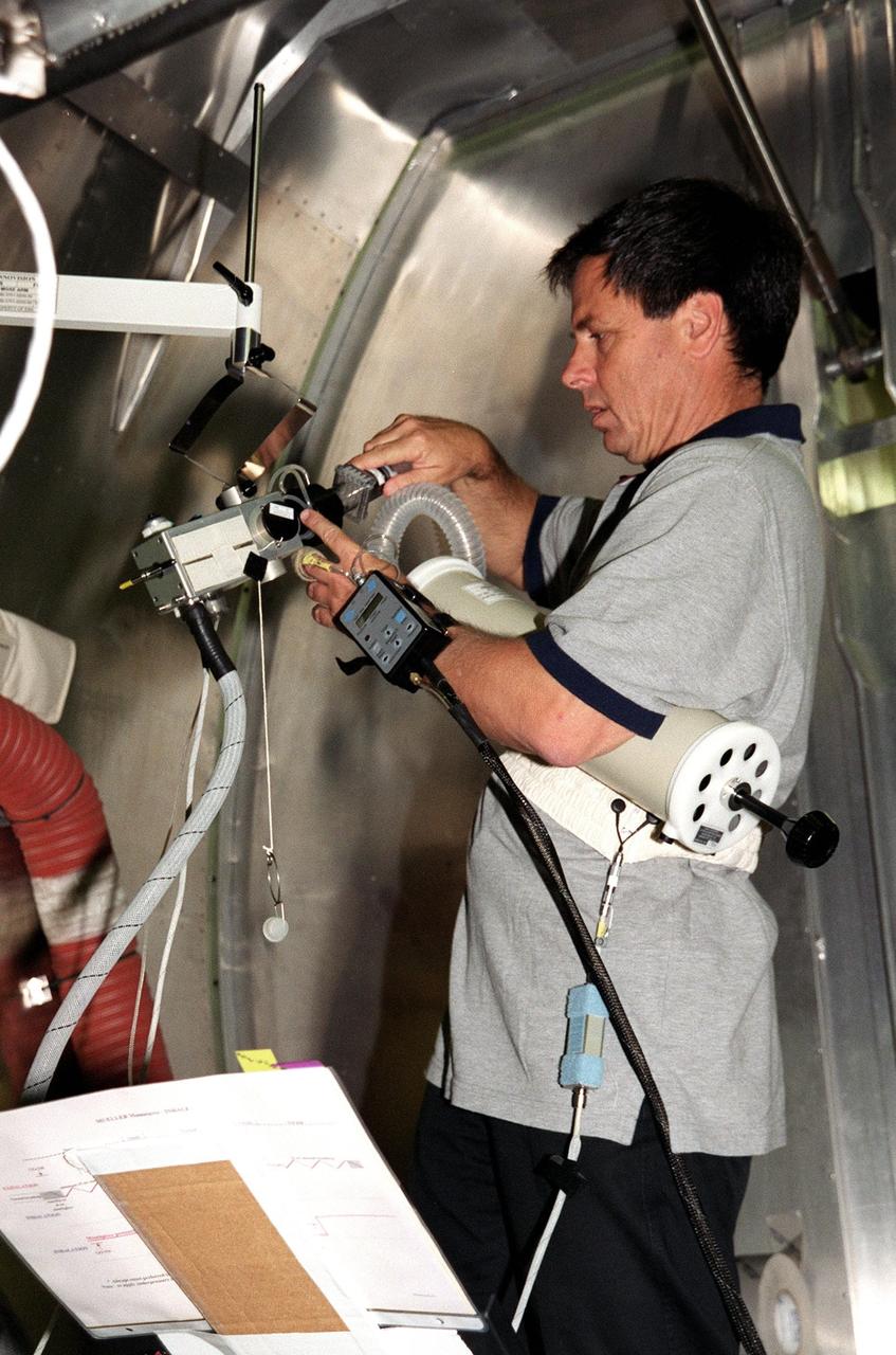 KENNEDY SPACE CENTER, Fla. -- STS-107 Payload Specialist Ilan Ramon, of Israel, manipulates a piece of equipment in the Spacehab module. He and other crew members are taking part in Crew Equipment Interface Test (CEIT) activities at SPACEHAB, Cape Canaveral, Fla. As a research mission, STS-107 will carry the Spacehab Double Module in its first research flight into space and a broad collection of experiments ranging from material science to life science. The CEIT activities enable the crew to perform certain flight operations, operate experiments in a flight-like environment, evaluate stowage locations and obtain additional exposure to specific experiment operations. Other STS-107 crew members are Commander Rick Douglas Husband, Pilot William C. McCool; Payload Commander Michael P. Anderson; and Mission Specialists Kalpana Chawla, Laurel Blair Salton Clark and David M. Brown. STS-107 is scheduled for launch May 23, 2002