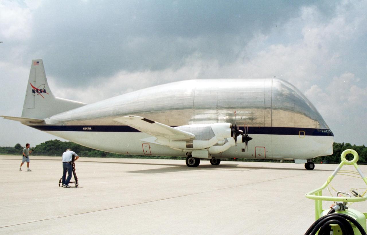 KENNEDY SPACE CENTER, Fla. -- A Super Guppy aircraft arrives at the KSC Shuttle Landing Facility to deliver its cargo, the P5 truss. The truss will be transported to the Space Station Processing Facility. The P5 is scheduled for delivery to the International Space Station on mission 12A.1 in April 2003