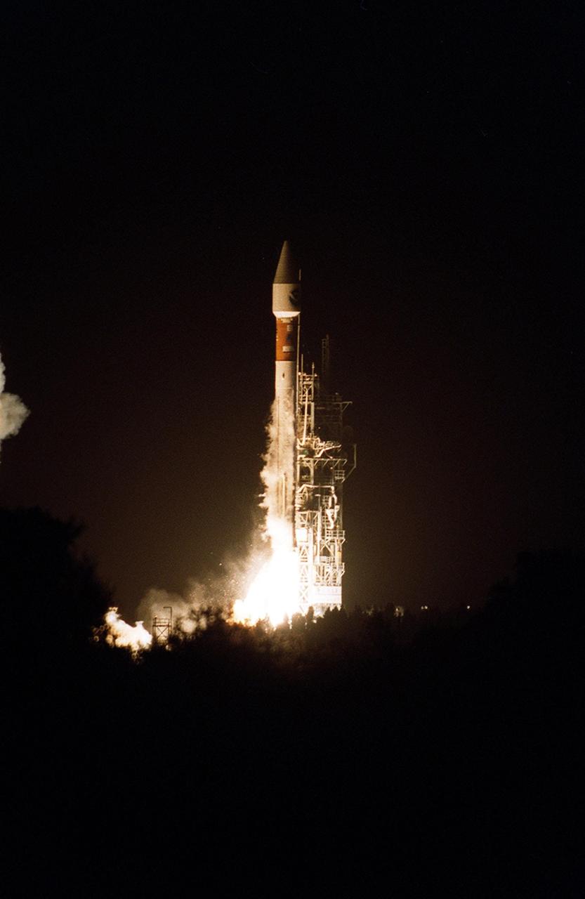 KENNEDY SPACE CENTER, Fla. -- The Atlas II rocket roars into the sky with the GOES-M satellite on top. Liftoff occurred at 3:23:01 a.m. EDT from Launch Complex 36-A, Cape Canaveral Air Force Station. GOES-M is the last in the current series of advanced geostationary weather satellites in service. GOES-M has a new instrument not on earlier spacecraft, a Solar X-ray Imager, which can be used in forecasting space weather and the effects of solar storms