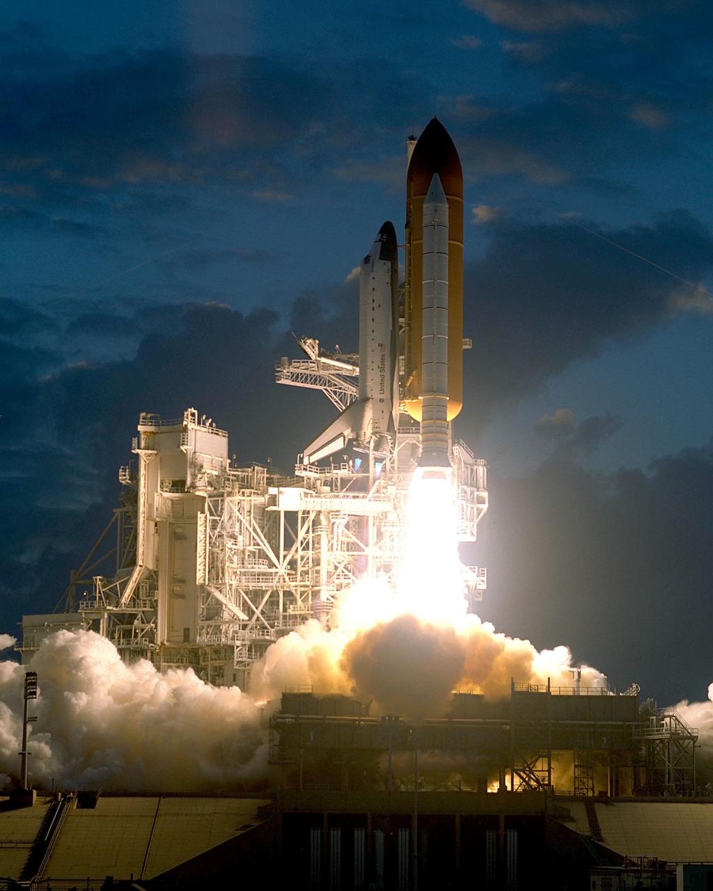 KENNEDY SPACE CENTER, Fla. -- Space Shuttle Endeavour soars into a twilight sky on mission STS-108, the second launch attempt over two days. Liftoff occurred at 5:19:28 p.m. EST (22:19.28 GMT). Endeavour will dock with the International Space Station on Dec. 7. STS-108 is the final Shuttle mission of 2001and the 107th Shuttle flight overall. It is the 12th flight to the Space Station. Landing of the orbiter at KSC's Shuttle Landing Facility is targeted for 1:05 p.m. EST (18:05 p.m. GMT) Dec. 16