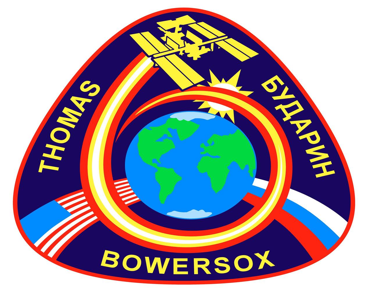 The International Space Station (ISS) Expedition 6 crew patch depicts the station orbiting the Earth on its mission of international cooperation and scientific research. The Earth is placed in the center of the patch to emphasize that work conducted aboard this orbiting laboratory is intended to improve life on our home planet. The shape of the Space Station’s orbit symbolizes the role that experience gained from ISS will have on future exploration of our solar system and beyond. The American and Russian flags encircling the Earth represent the native countries of the Expedition 6 crew members, which are just two of the many participant countries contributing to the ISS and committed to the peaceful exploration of space.