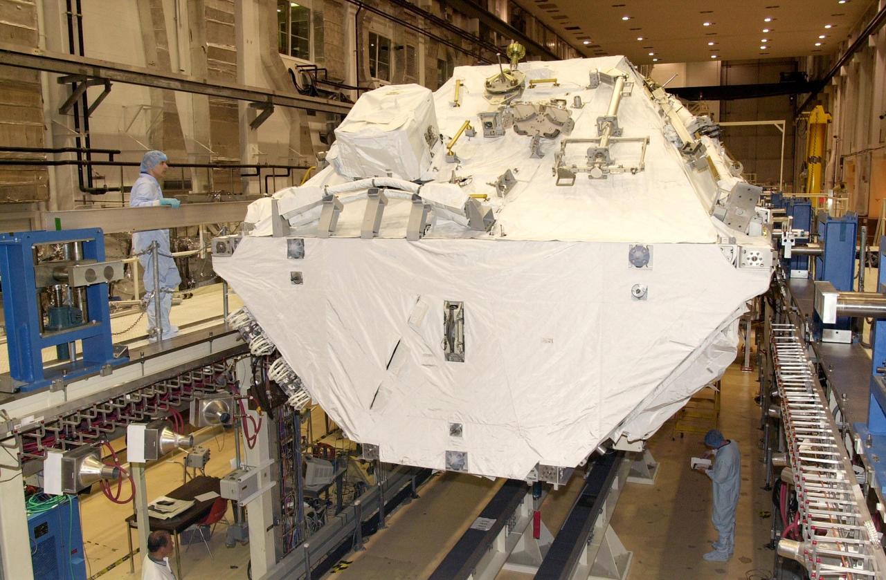 KENNEDY SPACE CENTER, FLA. - In the Operations and Checkout Building, the Integrated Truss Structure S0 is ready for transport to the launch pad on mission STS-110. Scheduled for launch April 4, the 11-day mission will feature Space Shuttle Atlantis docking with the International Space Station (ISS) and delivering the S0 truss, the centerpiece-segment of the primary truss structure that will eventually extend over 300 feet
