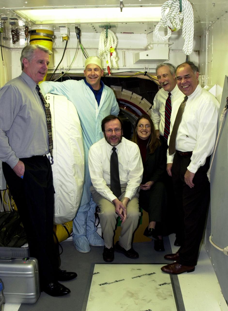 KENNEDY SPACE CENTER, Fla. -  Enjoying a stop in the White Room, Launch Pad 39A, on his tour of KSC is the new NASA Administrator Sean O'Keefe (second from right).  The administrator was at KSC on an agencywide familiarization tour of NASA field centers.  He was nominated for the position as administrator in November 2001 by President George W. Bush.  He was sworn in Dec. 21 as the agency's 10th chief