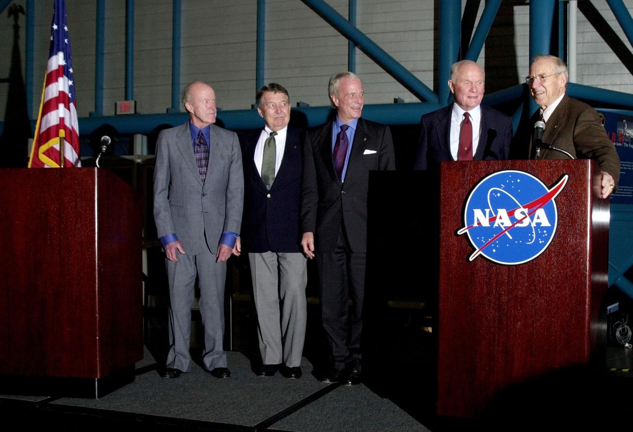 KENNEDY SPACE CENTER, FLA. -  Five of the Mercury astronauts gathered on the stage of KSC's Apollo/Saturn V Center during the celebration of the 40th anniversary of American spaceflight.  From left are former astronauts Gordon Cooper, Wally Schirra, Scott Carpenter, John Glenn and James Lovell, who served as host of the celebration. 