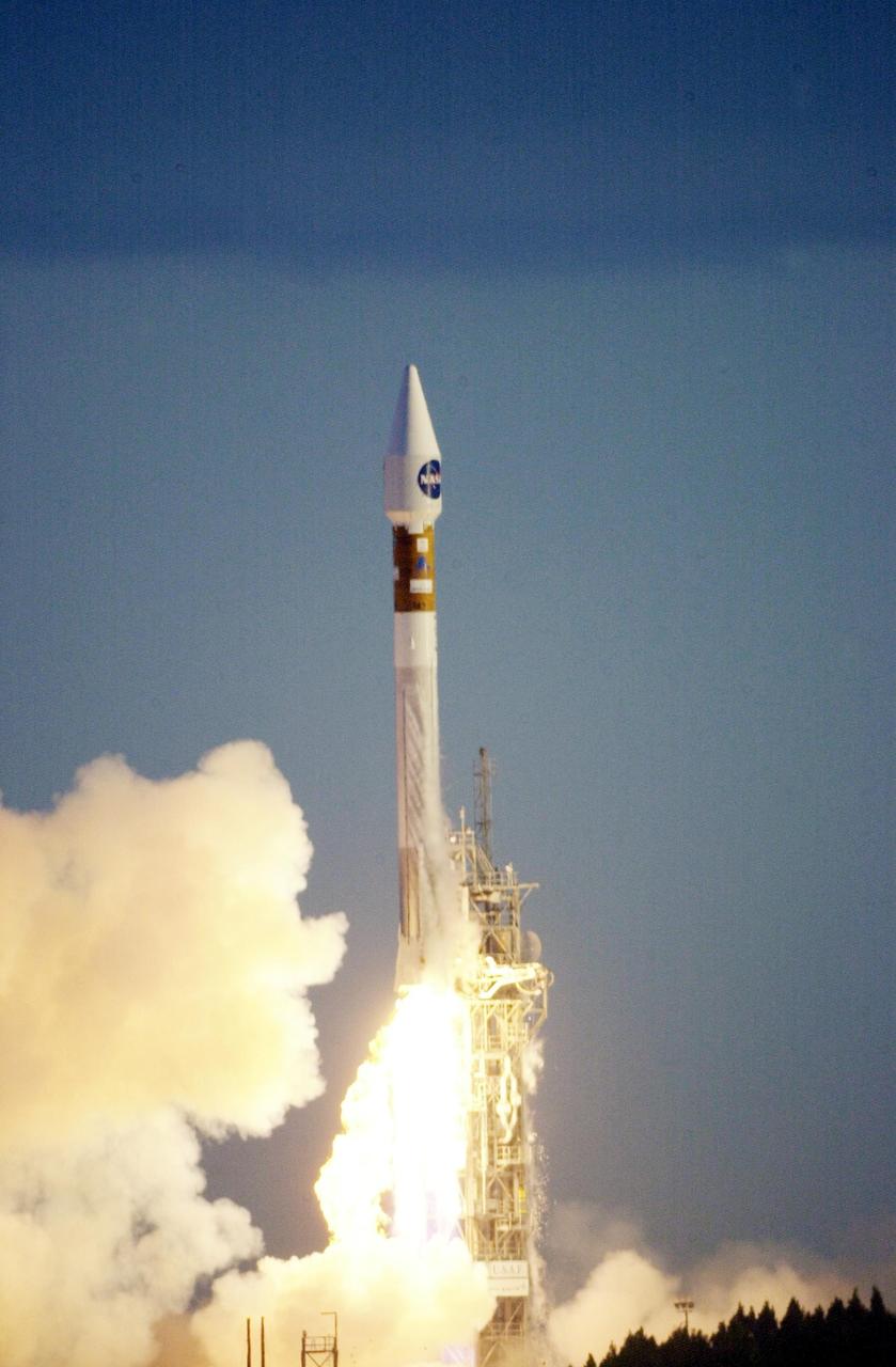KENNEDY SPACE CENTER, FLA. --  Against a clear blue Florida sky, the Lockheed Martin Atlas IIa rocket clears the tower as it lifts off from Launch Pad 36-A, Cape Canaveral Air Force Station, with the Tracking and Data Relay Satellite-I (TDRS-1) aboard. TDRS-I replenishes the existing on-orbit fleet of six spacecraft. The TDRS System is the primary source of space-to-ground voice, data and telemetry for the Space Shuttle. It also provides communications with the International Space Station and scientific spacecraft in low-Earth orbit such as the Hubble Space Telescope. This new advanced series of satellites will extend the availability of TDRS communications services until about 2017. Liftoff occurred at 5:59 p.m. EST