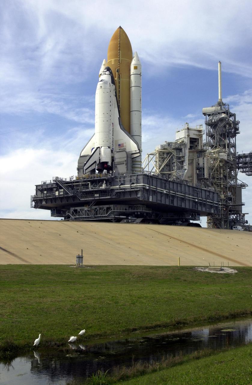 KENNEDY SPACE CENTER, FLA. -- In the foreground, white herons at the canal's edge pay scant attention the immense Space Shuttle towering above them. The Shuttle is inching its way to the top of the launch pad. In the background are seen the Rotating Service Structure (open) and the Fixed Service Structure, which holds the 80-foot lightning mast on top. The Shuttle sits on top of the Mobile Launcher Platform, which rests on the crawler-transporter. Atlantis is scheduled for launch April 4 on mission STS-110, which will install the S0 truss, the framework that eventually will hold the power and cooling systems needed for future international research laboratories on the International Space Station. The Canadarm2 robotic arm will be used exclusively to hoist the 13-ton truss from the payload bay to the Station. The S0 truss will be the first major U.S. component launched to the Station since the addition of the Quest airlock in July 2001. The four spacewalks planned for the construction will all originate from the airlock. The mission will be Atlantis' 25th trip to space
