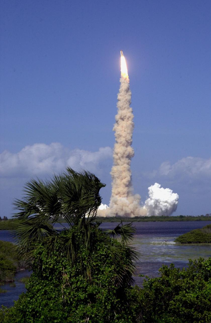 KENNEDY SPACE CENTER, FLA. -Space Shuttle Atlantis soars above its trailing plume of smoke on mission STS-110.  Liftoff occurred at 4:44:19 p.m. EDT (20:41:19 GMT). Carrying the S0 Integrated Truss Structure and Mobile Transporter, STS-110 is the 13th assembly flight to the International Space Station