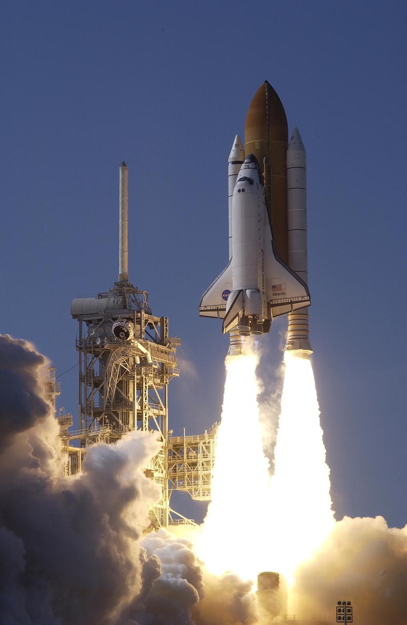 KENNEDY SPACE CENTER, FLA. -- Space Shuttle Atlantis hurtles into the clear blue sky as it lifts off on mission STS-110. Liftoff occurred at 4:44:19 p.m. EDT (20:44:19 GMT). STS-110 is the 13th assembly flight to the International Space Station
