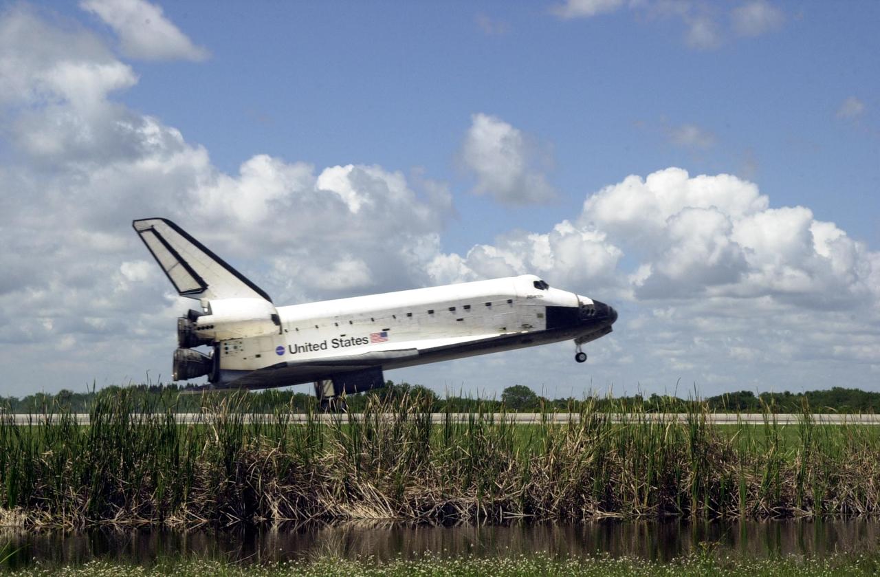 KENNEDY SPACE CENTER, FLA. --  Atlantis touches down on runway 33 at KSC after completing the 10-day, 19-hour, 4.5-million mile mission STS-110 to the International Space Station.  The vehicle carries the returning crew Commander Michael Bloomfield, Pilot Stephen Frick and Mission Specialists Jerry Ross, Steven Smith, Ellen Ochoa, Lee Morin and Rex Walheim.  Main gear touchdown was 12:26:57 p.m. EDT, nose gear touchdown was 12:27:09 p.m. and wheel stop was 12:28:07 p.m.  The crew delivered and installed the S0 truss, which will support cooling and power systems essential for the addition of future international laboratories, on the Station. 