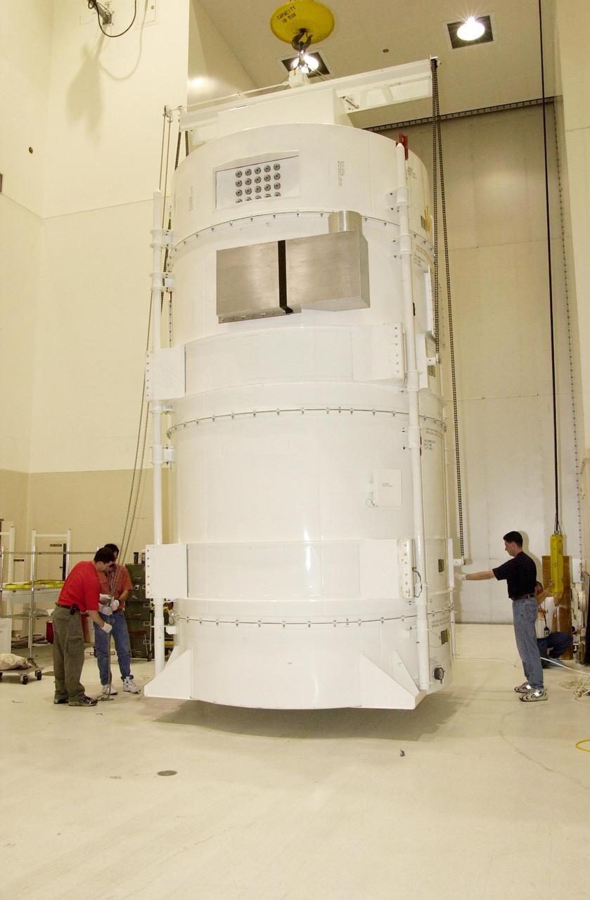 KENNEDY SPACE CENTER, FLA. -- The NASA Comet Nucleus Tour (CONTOUR) spacecraft arrived at KSC on April 24 and was transported to the Spacecraft Assembly and Encapsulation Facility-2 (SAEF-2) to begin final preparations for launch.  CONTOUR will provide the first detailed look into the heart of a comet - the nucleus. The spacecraft will fly as close as 60 miles (100 kilometers) to at least two comets, Encke and Schwassmann-Wachmann 3, taking the sharpest pictures yet of the nucleus while analyzing the gas and dust that surround these rocky, icy building blocks of the solar system.  The Applied Physics Laboratory of Johns Hopkins University, Baltimore, Md., built CONTOUR and will also be in control of the spacecraft after launch, scheduled for July 1, 2002, from LC 17A at Cape Canaveral Air Force Station