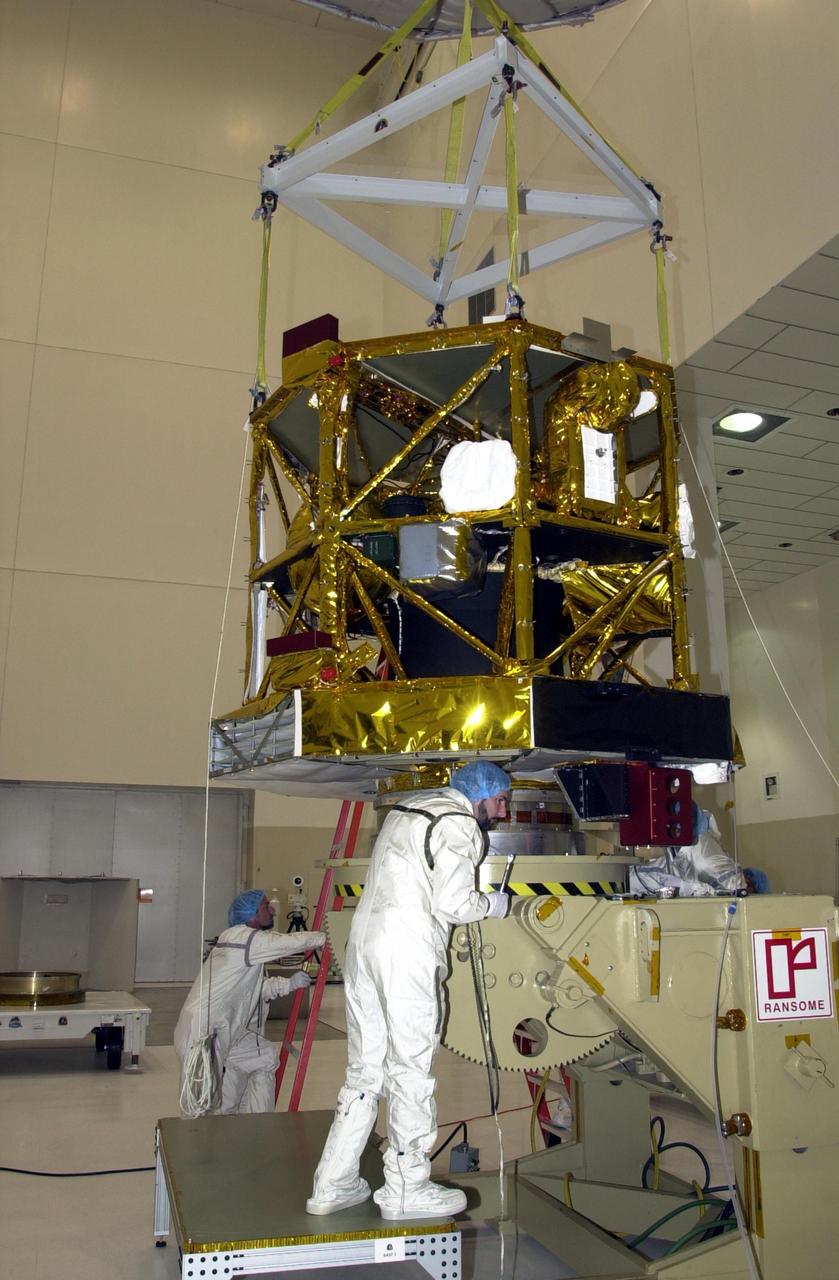 KENNEDY SPACE CENTER, FLA. -- The NASA Comet Nucleus Tour (CONTOUR) spacecraft arrived at KSC on April 24 and was transported to the Spacecraft Assembly and Encapsulation Facility-2 (SAEF-2) to begin final preparations for launch. CONTOUR will provide the first detailed look into the heart of a comet - the nucleus. The spacecraft will fly as close as 60 miles (100 kilometers) to at least two comets, Encke and Schwassmann-Wachmann 3, taking the sharpest pictures yet of the nucleus while analyzing the gas and dust that surround these rocky, icy building blocks of the solar system. The Applied Physics Laboratory of Johns Hopkins University, Baltimore, Md., built CONTOUR and will also be in control of the spacecraft after launch, scheduled for July 1, 2002, from LC 17A at Cape Canaveral Air Force Station