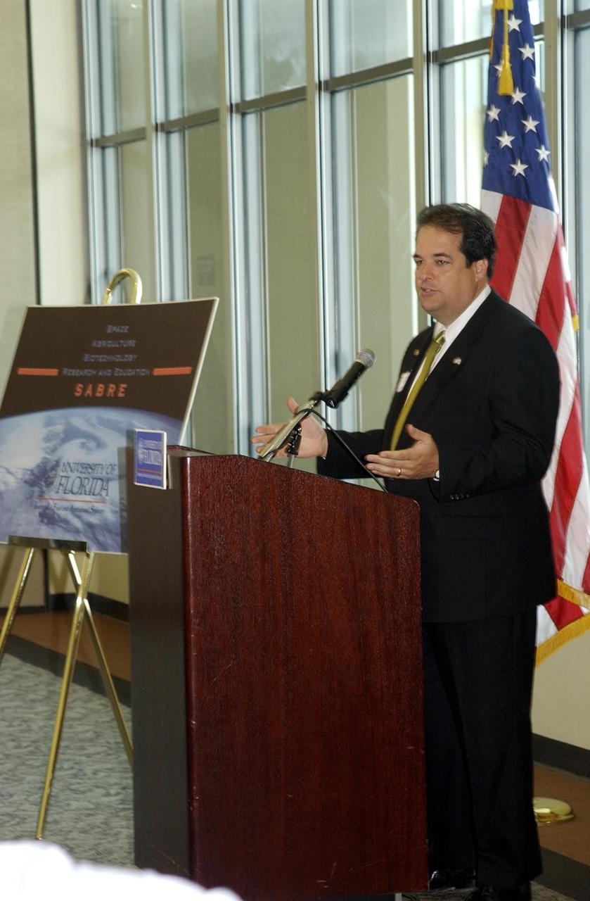 KENNEDY SPACE CENTER, FLA. --  Florida Representative Bob Allen speaks to attendees at the opening ceremony kicking off a new program known as SABRE, Space Agricultural Biotechnology Research and Education.   The program is a combined effort of the University of Florida and NASA. SABRE will focus on the discovery, development and application of the biological aspects of advanced life support strategies. The program will include faculty from UF's Institute of Food and Agricultural Sciences, who will be located at both KSC - in the state-owned Space Experiment Research and Processing Laboratory (SERPL) being built there - and UF in Gainesville. SABRE will be directed by Robert Ferl, professor in the horticultural sciences department and assistant director of UF's Biotechnology Program.  He will be responsible for coordinating the research and education efforts of UF and NASA