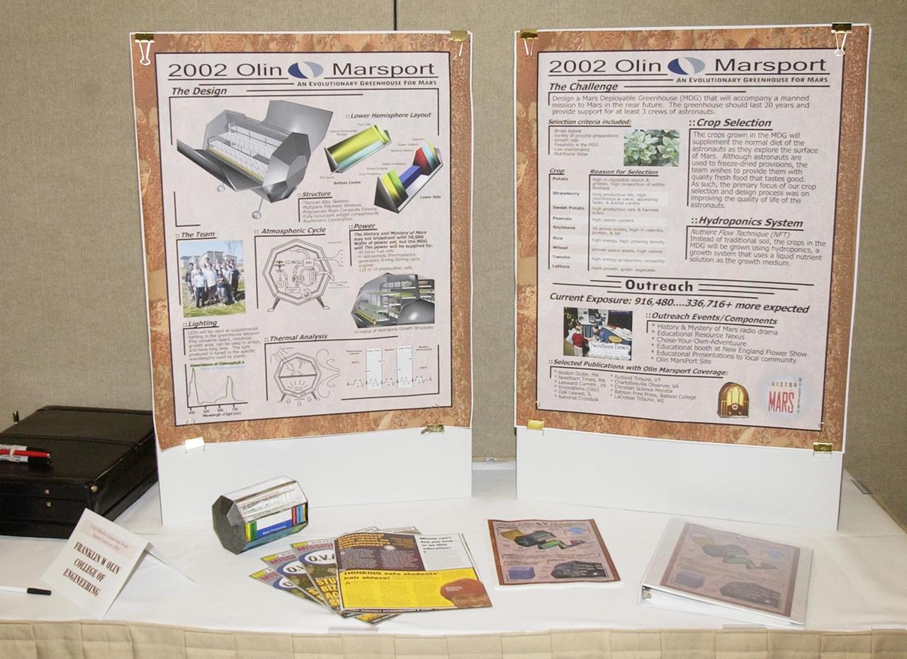 KENNEDY SPACE CENTER, FLA. --  A presentation by Franklin W. Olin College of Engineering is on display at the KSC Visitor Complex for this year's NASA MarsPort Engineering Design Student Competition 2002 conference. Participants are presenting papers on engineering trade studies to design optimal configurations for a MarsPort Deployable Greenhouse for operation on the surface of Mars.  Judges in the competition were from KSC, Dynamac Corporation and Florida Institute of Technology.   The winning team's innovative ideas will be used by NASA to evaluate and study other engineering trade concepts