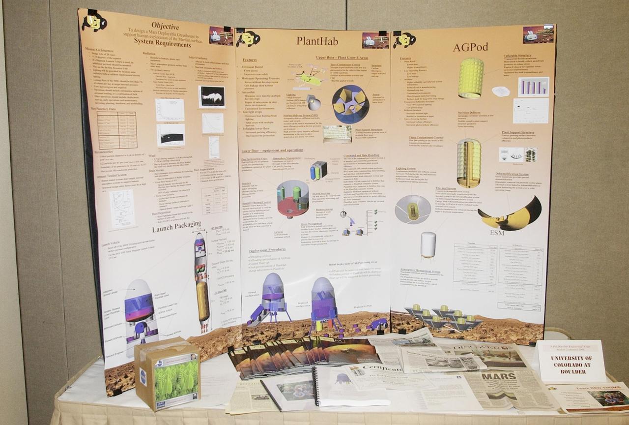 KENNEDY SPACE CENTER, FLA. --  During this year's NASA MarsPort Engineering Design Student Competition 2002 conference, the University of Colorado at Boulder presents this display. Participants are presenting papers on engineering trade studies to design optimal configurations for a MarsPort Deployable Greenhouse for operation on the surface of Mars.  Judges in the competition were from KSC, Dynamac Corporation and Florida Institute of Technology.   The winning team's innovative ideas will be used by NASA to evaluate and study other engineering trade concepts.