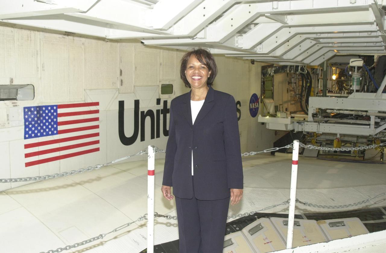 KENNEDY SPACE CENTER, FLA. --  FAA Administrator Patti Smith pauses in the Orbiter Processing Facility on her tour of KSC. 