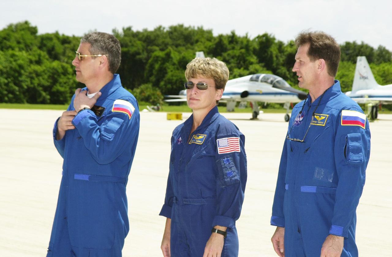 KENNEDY SPACE CENTER, FLA. - The Expedition 5 crew gets ready to depart KSC after several days of Terminal Countdown Demonstration Test activities.  TCDT includes emergency egress training and a simulated launch countdown. Expedition 5 will travel to the International Space Station on mission STS-111 as the replacement crew for Expedition 4, who will return to Earth aboard the orbiter. Mission STS-111 is known as Utilization Flight 2, carrying supplies and equipment in the Multi-Purpose Logistics Module Leonardo to the International Space Station.  The payload also includes the Mobile Base System, which will be installed on the Mobile Transporter to complete the Canadian Mobile Servicing System, or MSS, and a replacement wrist/roll joint for Canadarm 2. The mechanical arm will then have the capability to "inchworm" from the U.S. Lab Destiny to the MSS and travel along the truss to work sites. Launch is scheduled for May 30, 2002
