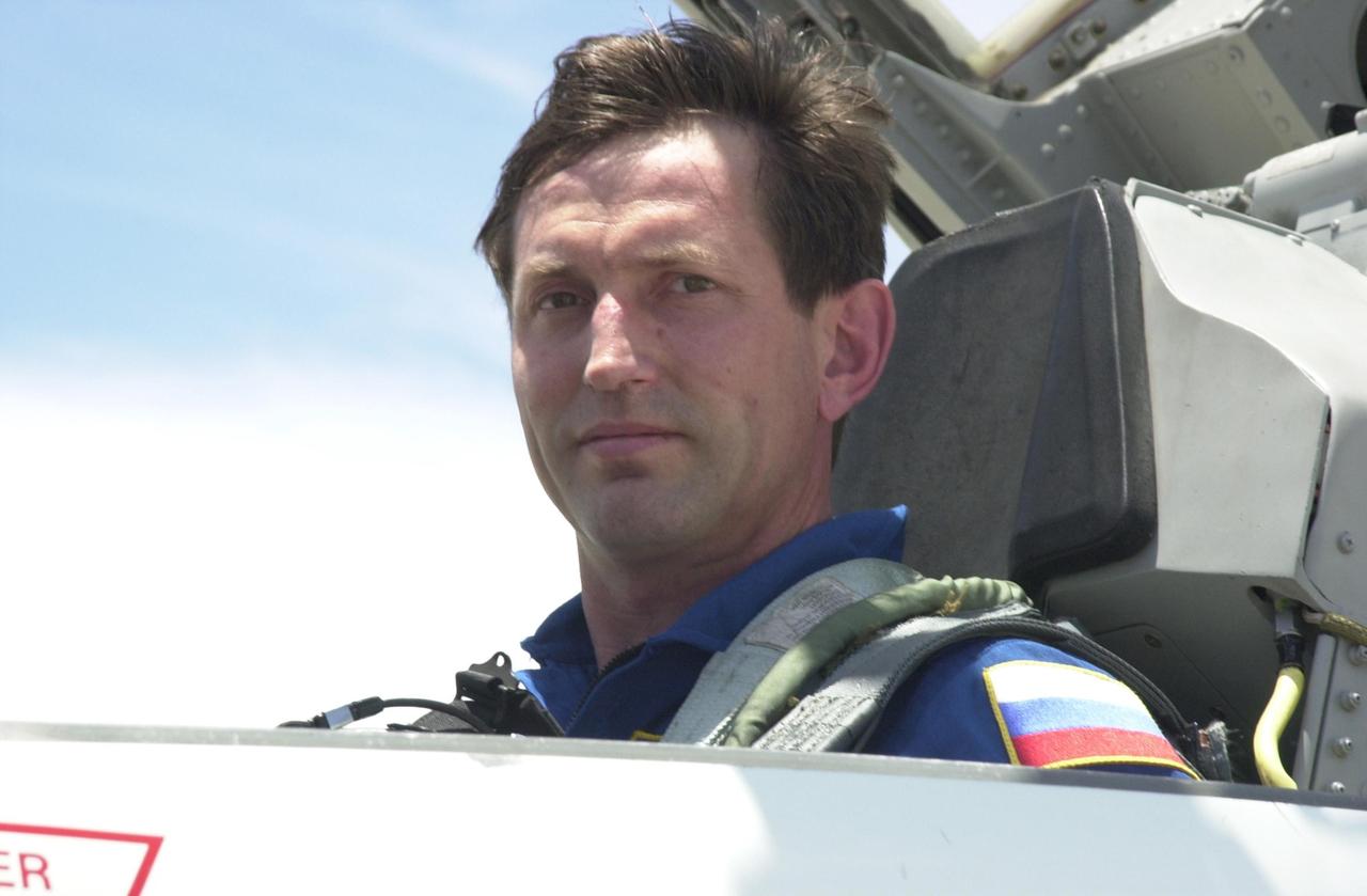 KENNEDY SPACE CENTER, FLA. --  Expedition 5 cosmonaut Sergei Treschev arrives at KSC aboard a T-38 jet aircraft to prepare for launch on mission STS-111. Treschev is with the Russian Space Agency.  Expedition 5 will travel to the Station on Space Shuttle Endeavour as the replacement crew for Expedition 4, who will return to Earth aboard the orbiter.  Mission STS-111, known as Utilization Flight 2, is carrying supplies and equipment to the International Space Station. The payload includes the Multi-Purpose Logistics Module Leonardo, the Mobile Base System, which will be installed on the Mobile Transporter to complete the Canadian Mobile Servicing System, or MSS, and a replacement wrist/roll joint for Canadarm 2. The mechanical arm will then have the capability to "inchworm" from the U.S. Lab Destiny to the MSS and travel along the truss to work sites. Launch is scheduled for May 30, 2002