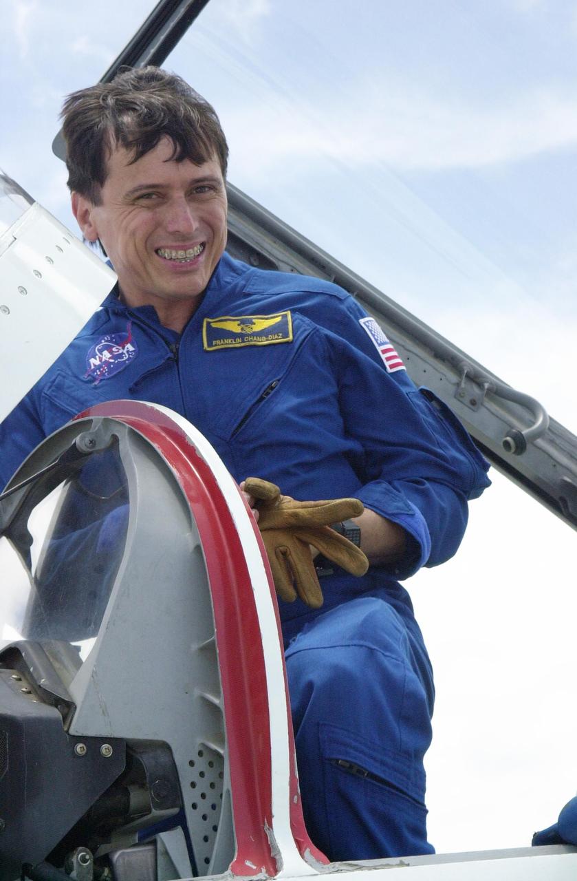 KENNEDY SPACE CENTER, FLA. --  STS-111 Mission Specialist Franklin Chang-Diaz is happy to be returning to KSC to prepare for launch. Mission STS-111, known as Utilization Flight 2, is carrying supplies and equipment to the International Space Station. The payload includes the Multi-Purpose Logistics Module Leonardo, the Mobile Base System, which will be installed on the Mobile Transporter to complete the Canadian Mobile Servicing System, or MSS, and a replacement wrist/roll joint for Canadarm 2. The mechanical arm will then have the capability to "inchworm" from the U.S. Lab Destiny to the MSS and travel along the truss to work sites. Also on board will be Expedition 5, traveling to the Station on Space Shuttle Endeavour as the replacement crew for Expedition 4, who will return to Earth aboard the orbiter. Launch is scheduled for May 30, 2002