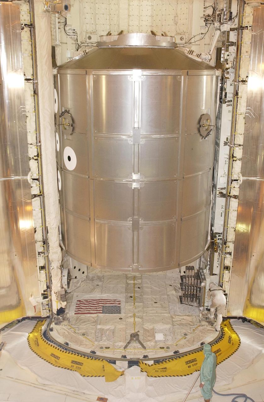 KENNEDY SPACE CENTER, FLA. - At Launch Pad 39A, Multi-Purpose Logistics Module Leonardo is ready for installation into Endeavour's payload bay for mission STS-111. The mission, known as Utilization Flight 2, is carrying supplies and equipment to the International Space Station. The payload includes the Multi-Purpose Logistics Module Leonardo, the Mobile Base System, which will be installed on the Mobile Transporter to complete the Canadian Mobile Servicing System, and a replacement wrist/roll joint for Canadarm 2.  Also part of the mission, Expedition 5 will travel to the Station as the replacement crew for Expedition 4, who will return to Earth aboard the orbiter.  Launch is scheduled for May 30, 2002