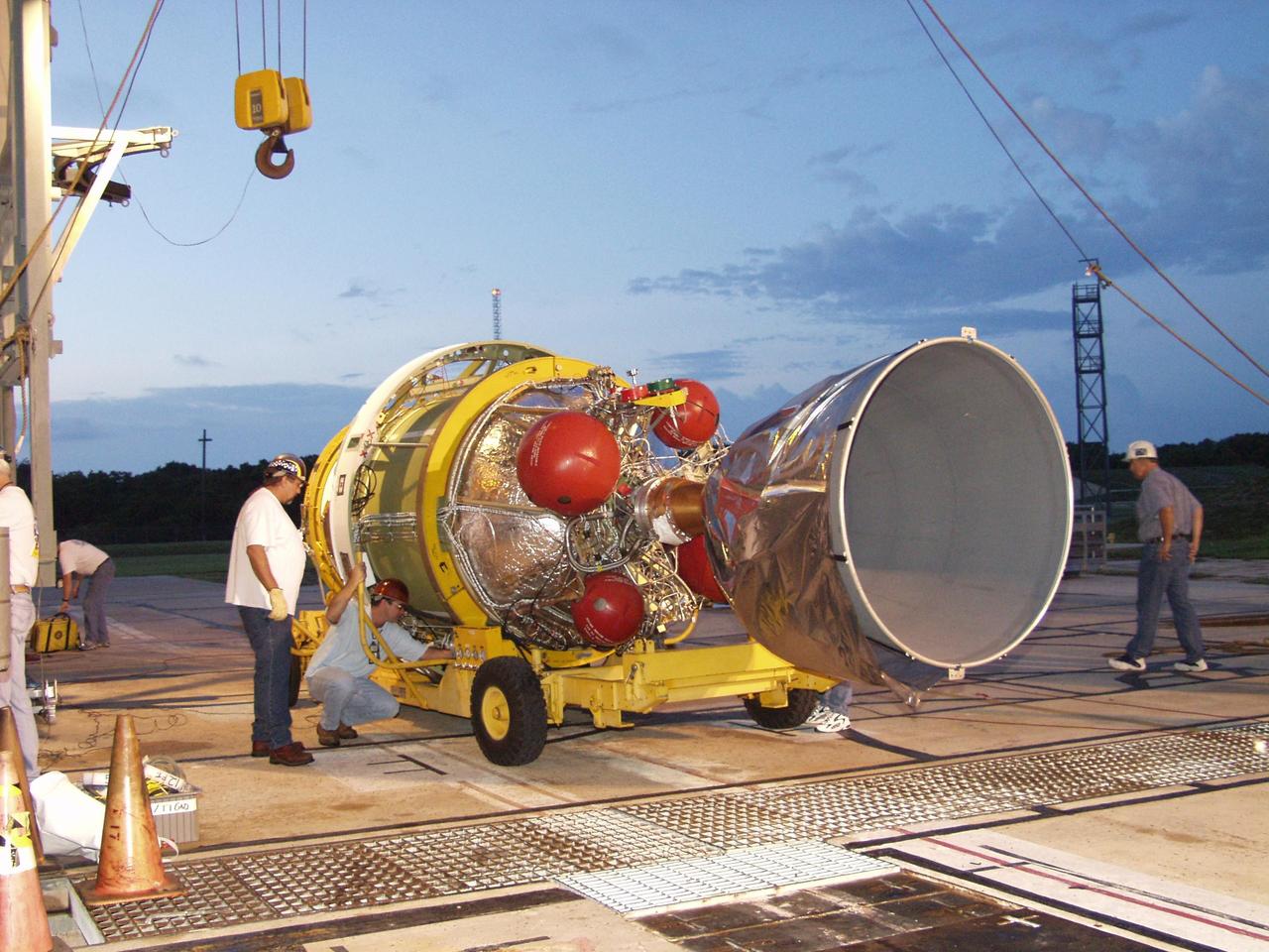 KENNEDY SPACE CENTER, FLA. --   The second stage of the Boeing Delta II rocket arrives for mating with the first stage at Launch Pad 17-A, Cape Canaveral Air Force Station. The rocket is the launch vehicle for the Comet Nucleus Tour (CONTOUR) spacecraft that will provide the first detailed look into the heart of a comet -- the nucleus. Flying as close as 60 miles (100 kilometers) to at least two comets, the spacecraft will take the sharpest pictures yet of a nucleus while analyzing the gas and dust that surround these rocky, icy building blocks of the solar system.  Launch of CONTOUR is scheduled for July 1, 2002