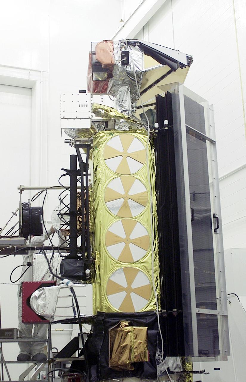 KENNEDY SPACE CENTER, FLA. - The National Oceanic and Atmospheric Administration (NOAA-M) spacecraft undergoes end-to-end testing in checkout hangar 1610 on North Vandenberg Air Force Base.  The spacecraft is nearing process completion for transportation to Launch Complex 4W.   NOAA-M is another in a series of polar-orbiting Earth environmental observation satellites that provide global data to NOAA's short- and long-range weather forecasting systems.  Launch aboard a Titan II rocket is scheduled for June 25, 2002