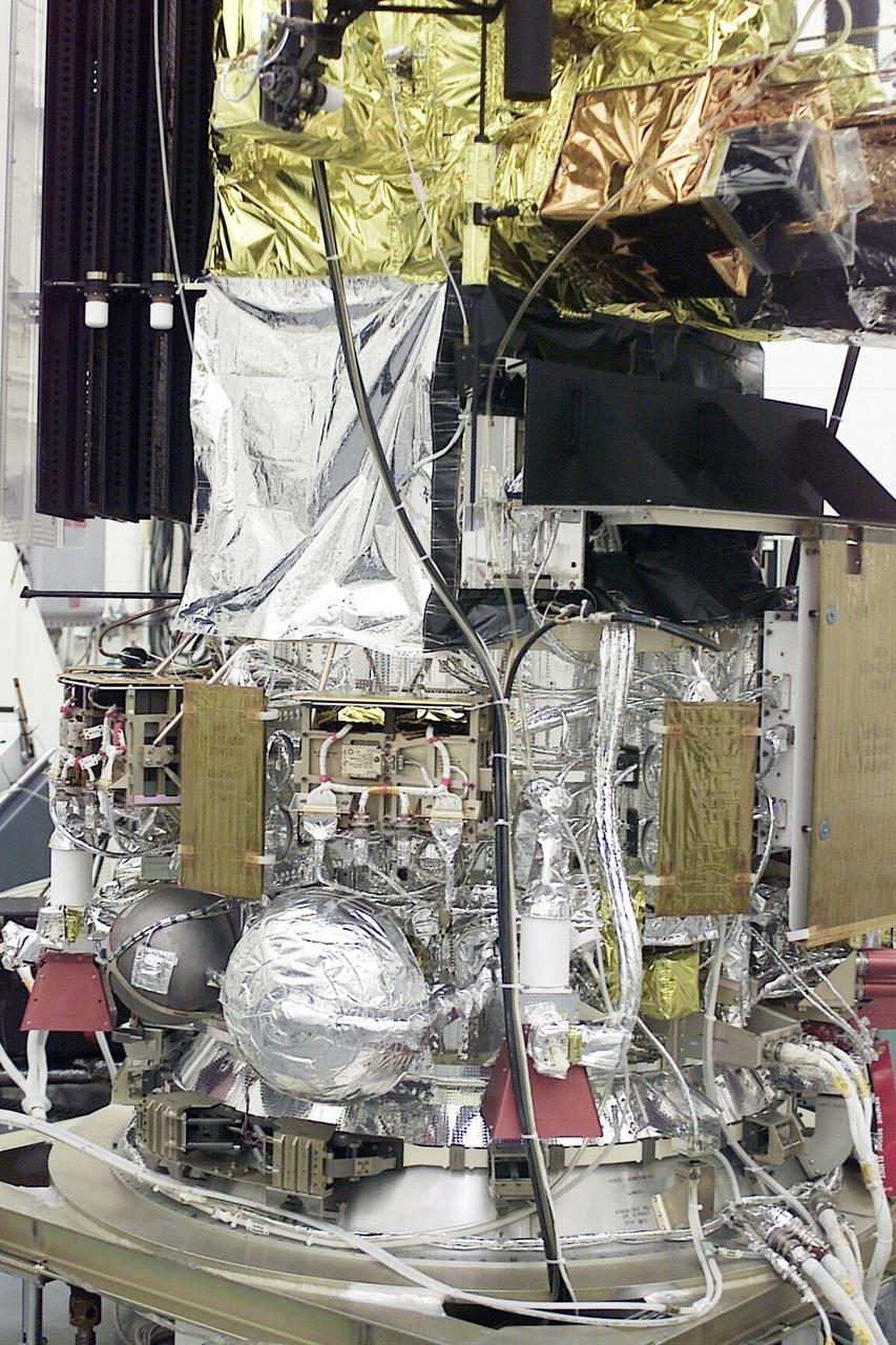 KENNEDY SPACE CENTER, FLA. -- The National Oceanic and Atmospheric Administration (NOAA-M)  spacecraft undergoes end-to-end testing in checkout hangar 1610 on North Vandenberg Air Force Base.  The spacecraft is nearing process completion for transportation to Launch Complex 4W.   NOAA-M is another in a series of polar-orbiting Earth environmental observation satellites that provide global data to NOAA's short- and long-range weather forecasting systems.  Launch aboard a Titan II rocket is scheduled for June 25, 2002