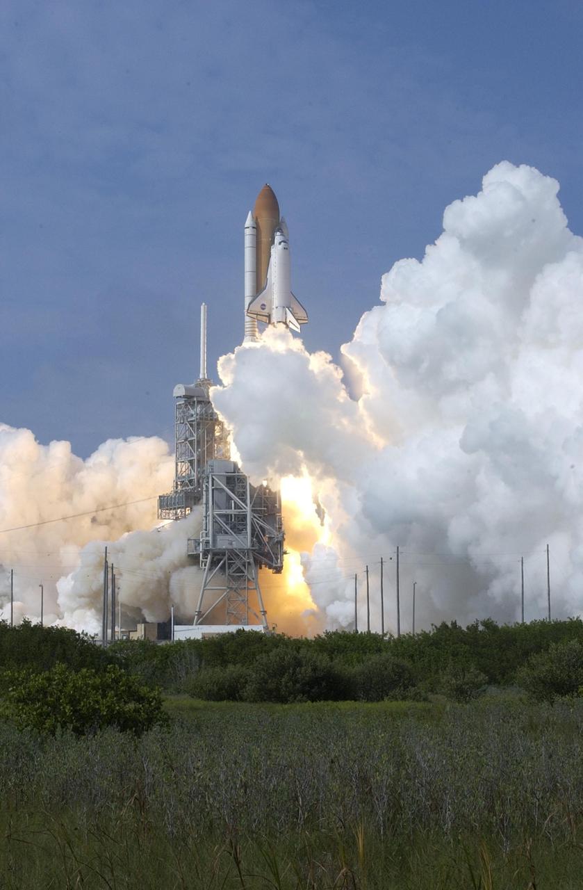 KENNEDY SPACE CENTER, FLA. --  Emerging from the billows of smoke and steam, Space Shuttle Endeavour hurtles into space on mission STS-111 to the International Space Station.  Liftoff occurred at 5:22:49 p.m. EDT. The STS-111 crew includes Commander Kenneth Cockrell, Pilot Paul Lockhart, and Mission Specialists Franklin Chang-Diaz and Philippe Perrin (CNES), as well as the Expedition Five crew members Valeri Korzun, Peggy Whitson and Sergei Treschev.  This mission marks the 14th Shuttle flight to the International Space Station and the third Shuttle mission this year. Mission STS-111 is the 18th flight of Endeavour and the 110th flight overall in NASA's Space Shuttle program