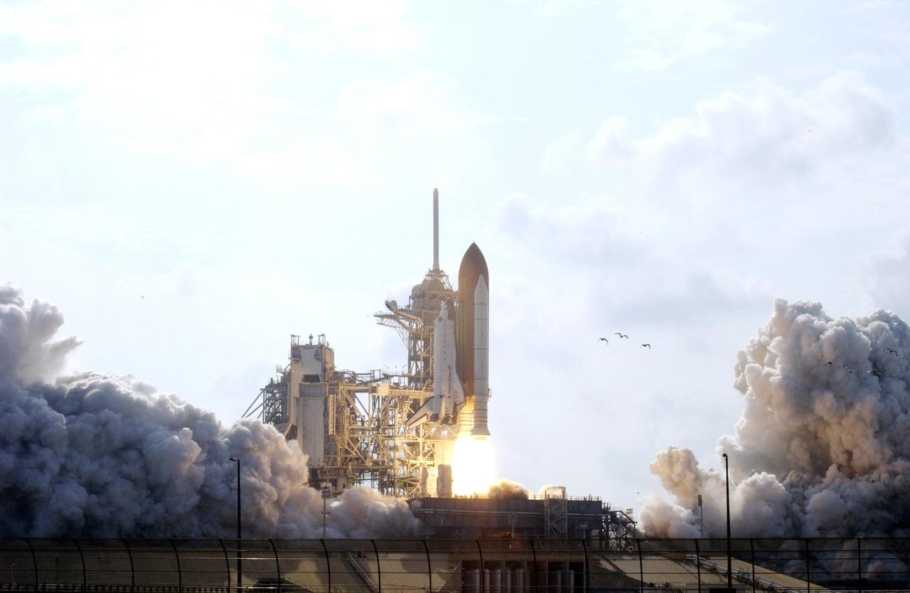 KENNEDY SPACE CENTER, FLA. -- Birds take flight as Space Shuttle Endeavour lifts off from Launch Pad 39A on mission STS-111 to the International Space Station. Liftoff occurred at 5:22:49 p.m. EDT. The STS-111 crew includes Commander Kenneth Cockrell, Pilot Paul Lockhart, and Mission Specialists Franklin Chang-Diaz and Philippe Perrin (CNES), as well as the Expedition Five crew members Valeri Korzun, Peggy Whitson and Sergei Treschev. This mission marks the 14th Shuttle flight to the International Space Station and the third Shuttle mission this year. Mission STS-111 is the 18th flight of Endeavour and the 110th flight overall in NASA's Space Shuttle program